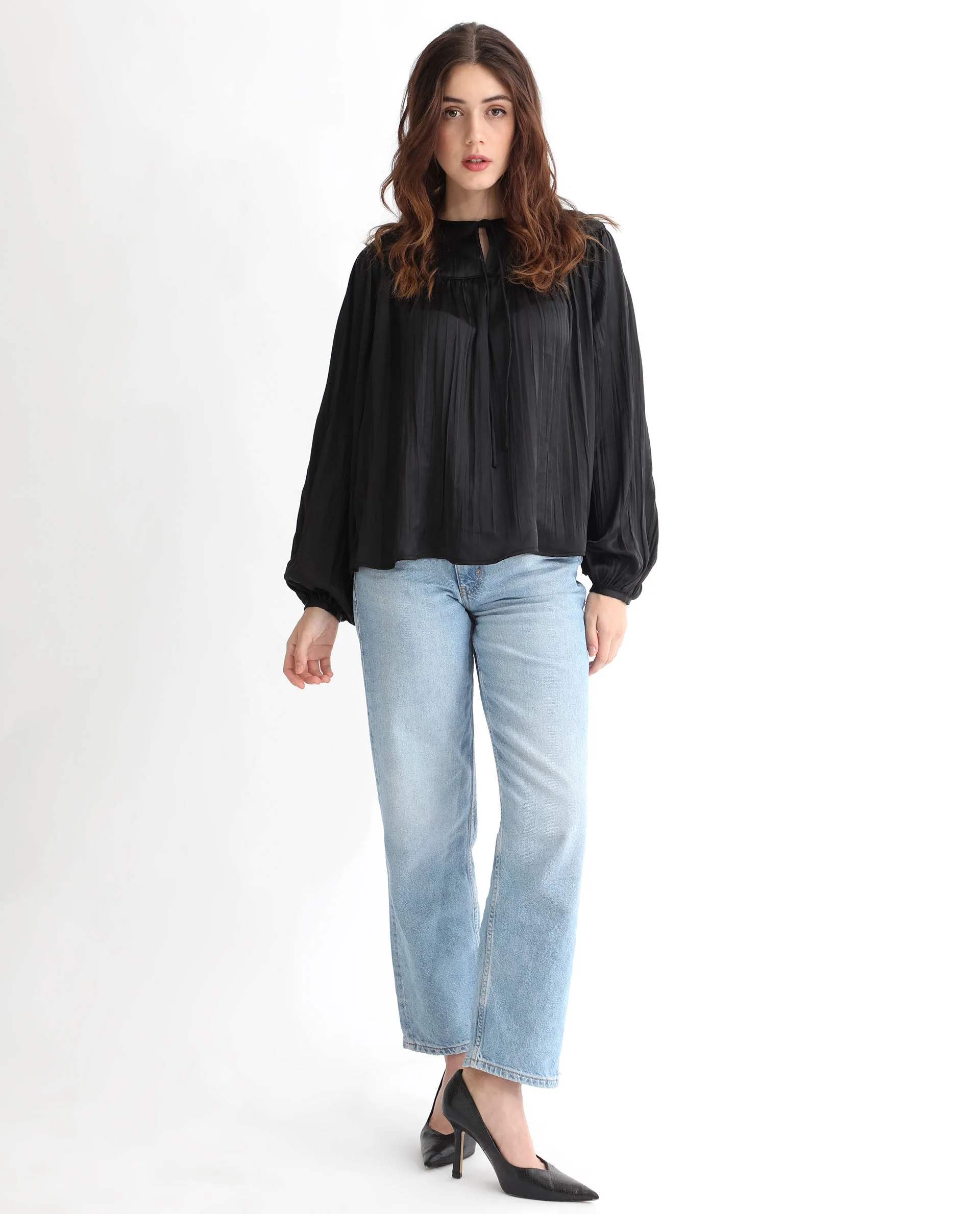 Rareism Women's Agathe Black Polyester Tie-Up Neck Plain Balloon Sleeve Relaxed Fit Top - Image 4