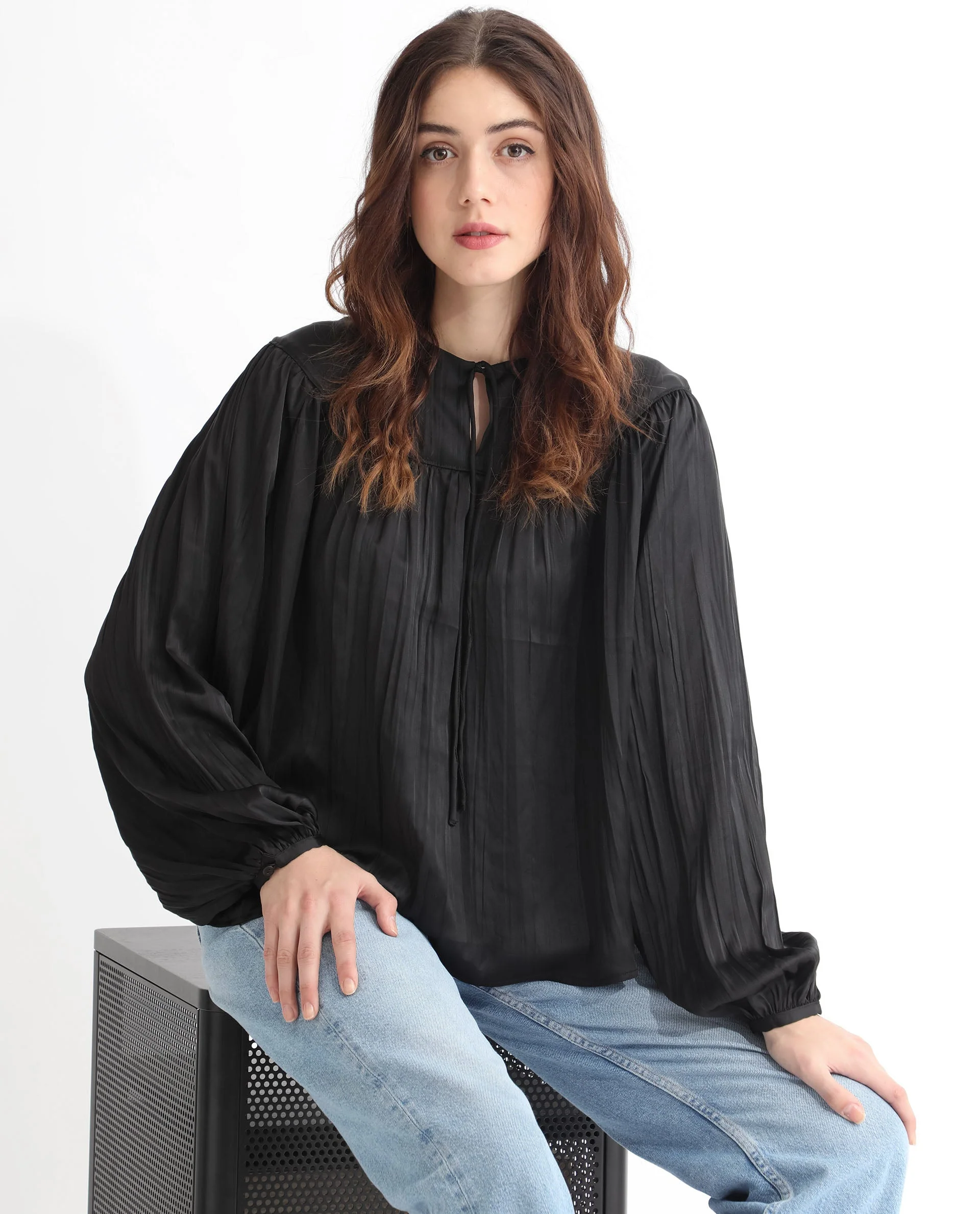 Rareism Women's Agathe Black Polyester Tie-Up Neck Plain Balloon Sleeve Relaxed Fit Top - Image 5