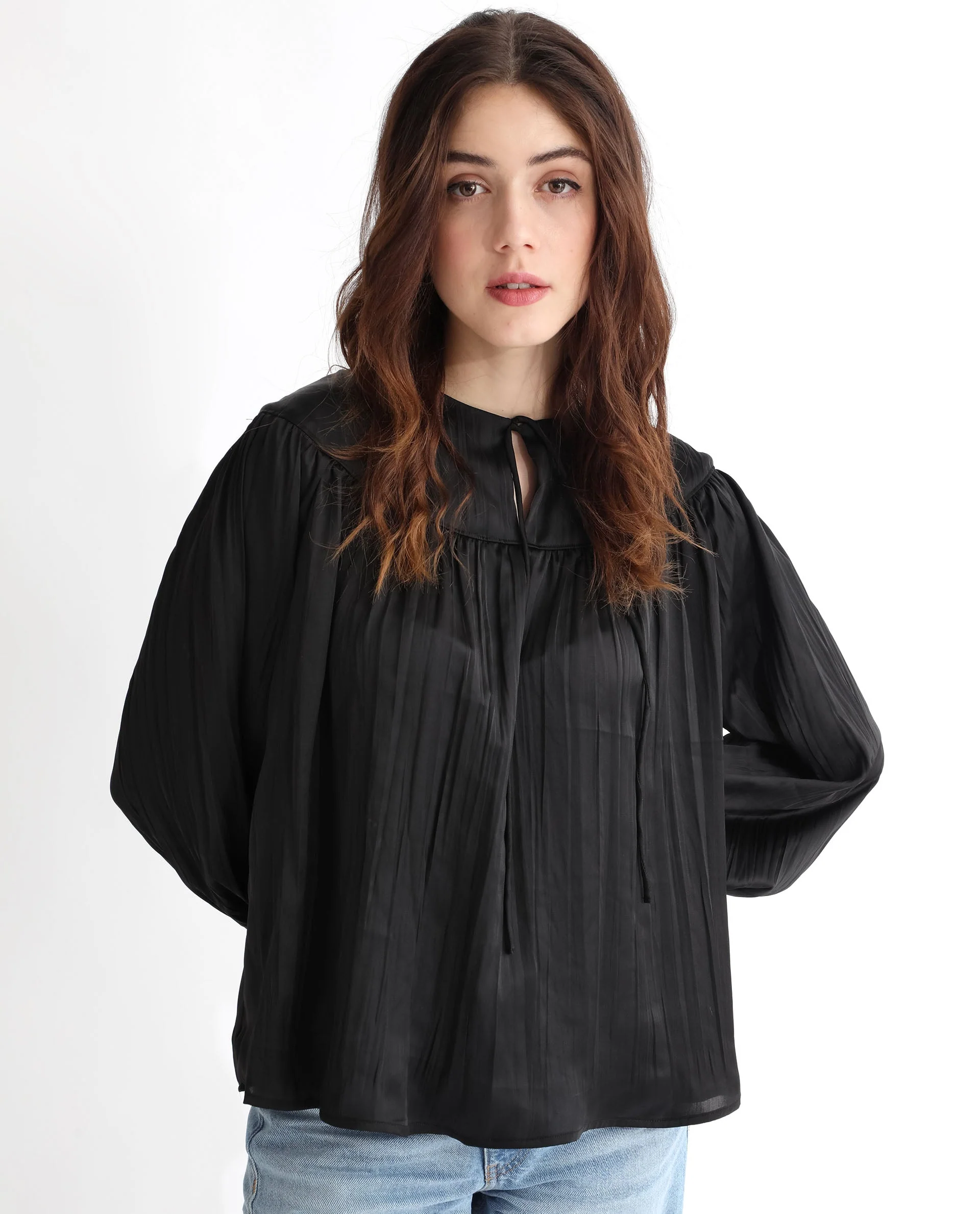 Rareism Women's Agathe Black Polyester Tie-Up Neck Plain Balloon Sleeve Relaxed Fit Top - Image 6