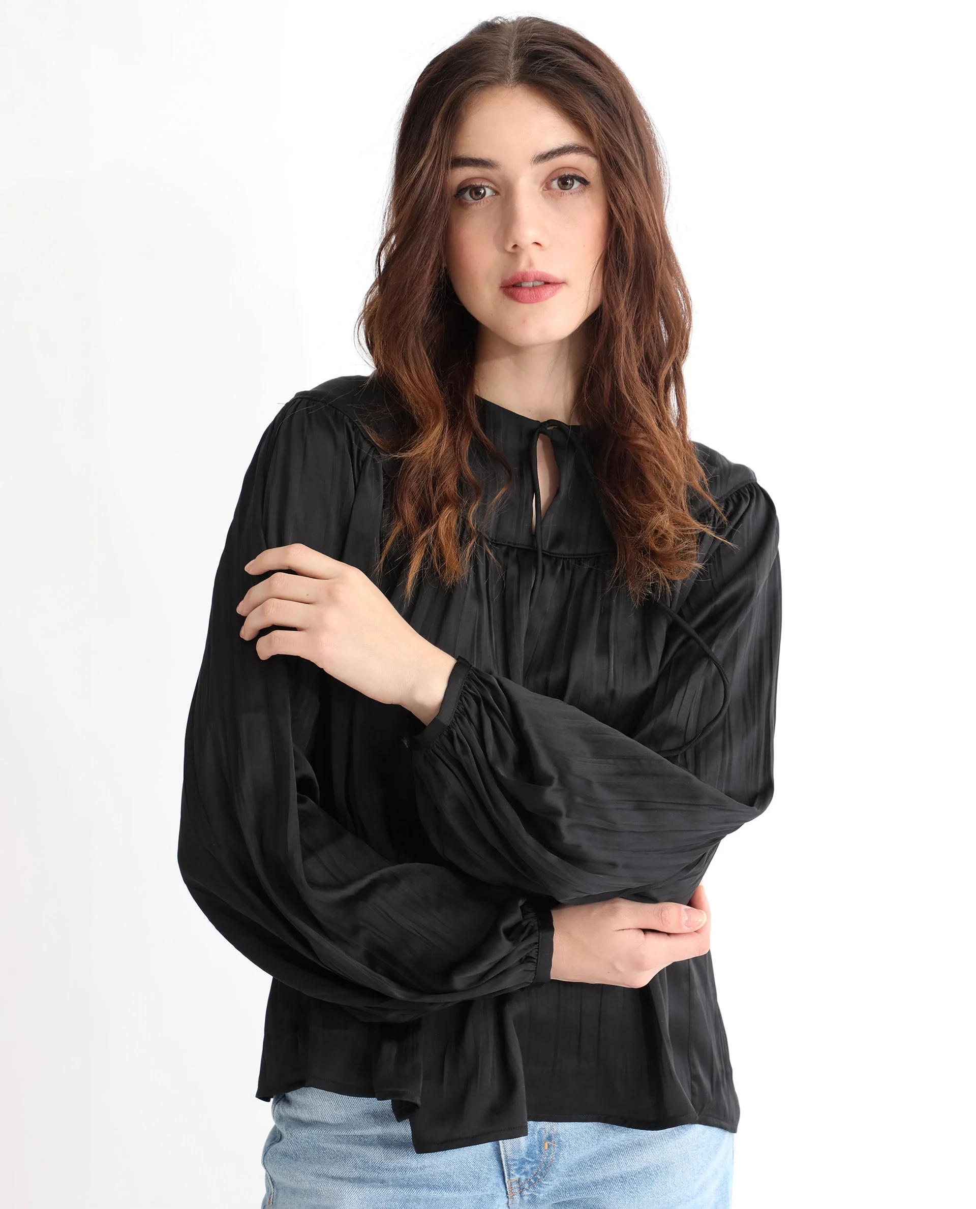 Rareism Women's Agathe Black Polyester Tie-Up Neck Plain Balloon Sleeve Relaxed Fit Top - Image 7
