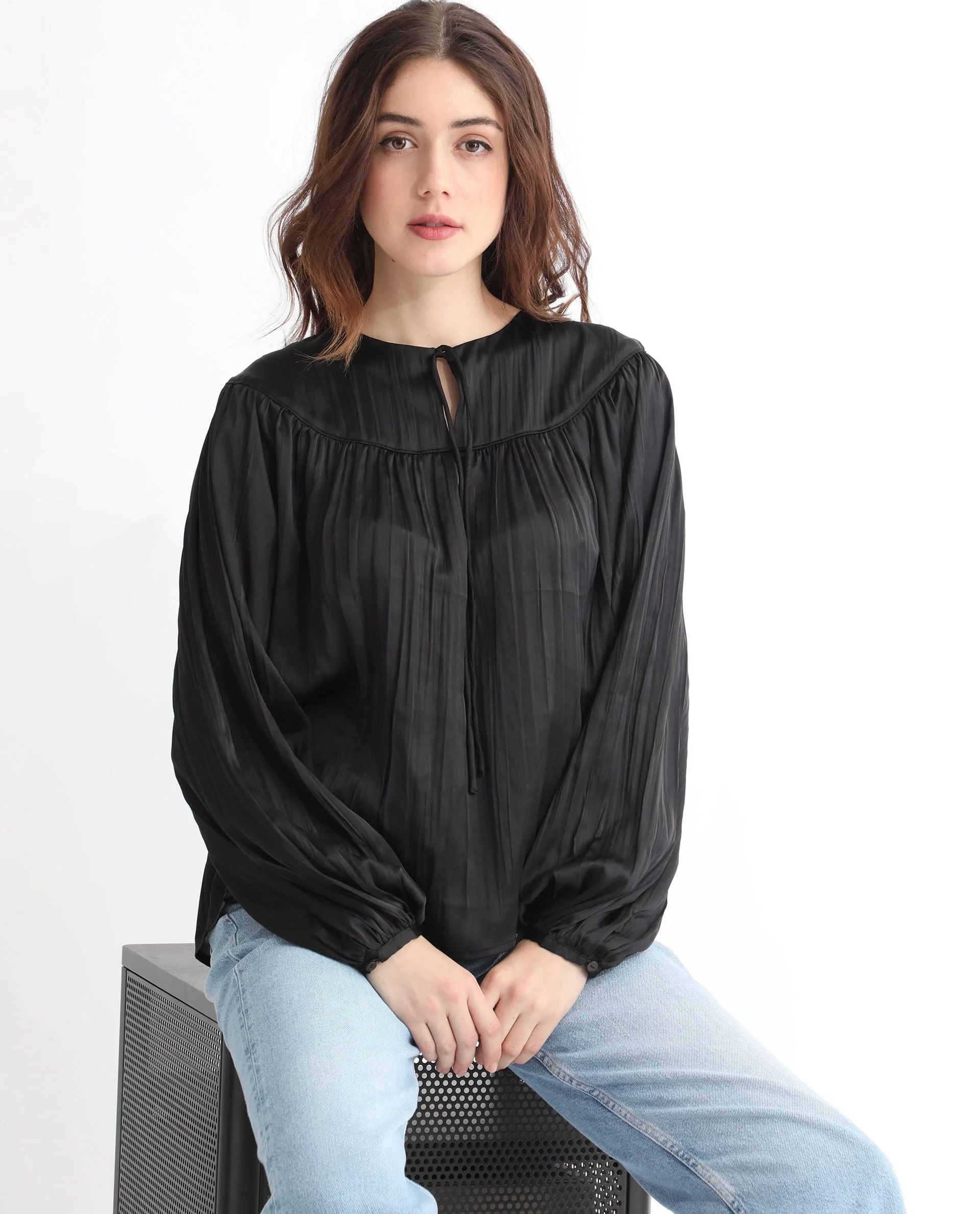 Rareism Women's Agathe Black Polyester Tie-Up Neck Plain Balloon Sleeve Relaxed Fit Top - Image 8