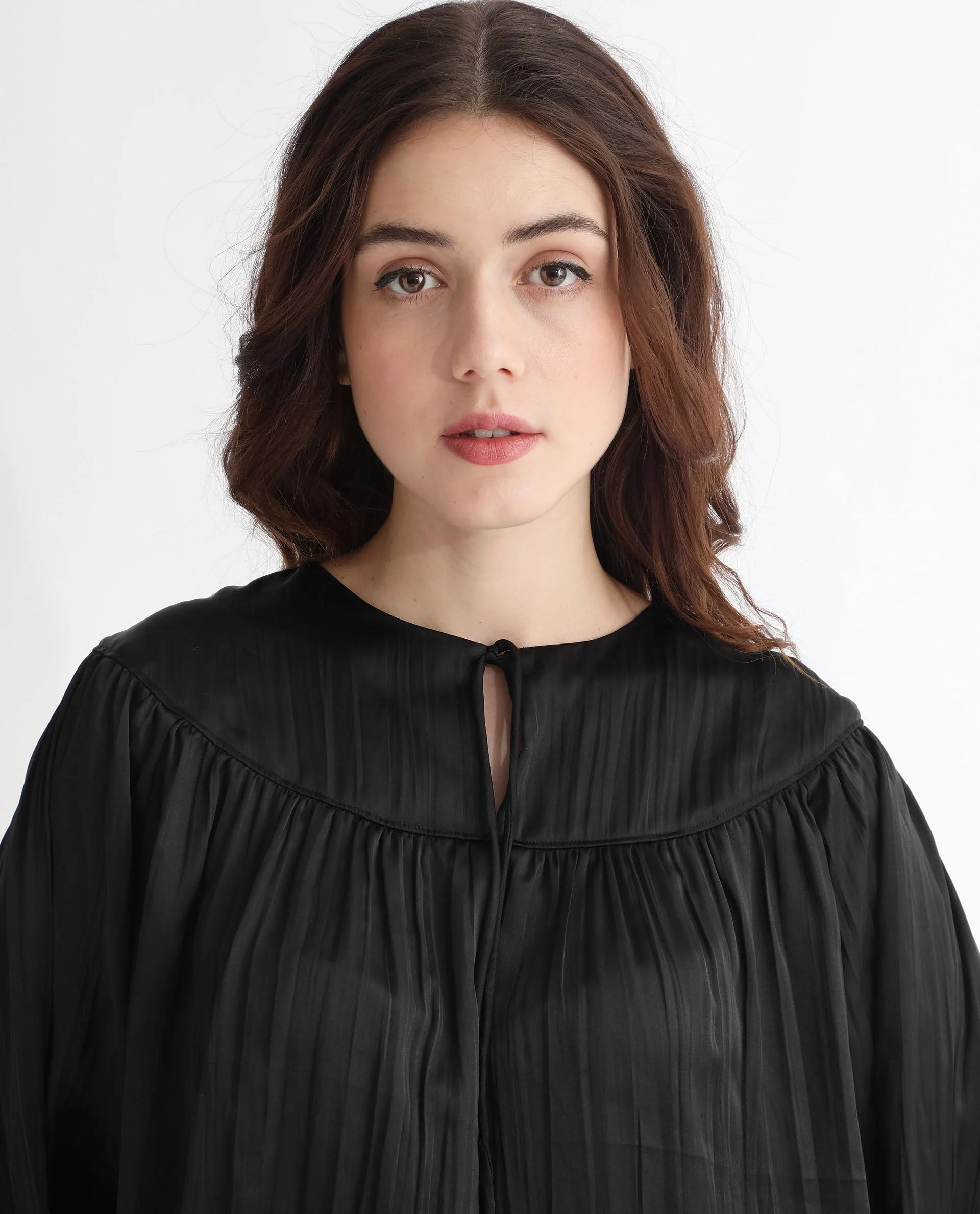Rareism Women's Agathe Black Polyester Tie-Up Neck Plain Balloon Sleeve Relaxed Fit Top - Image 9