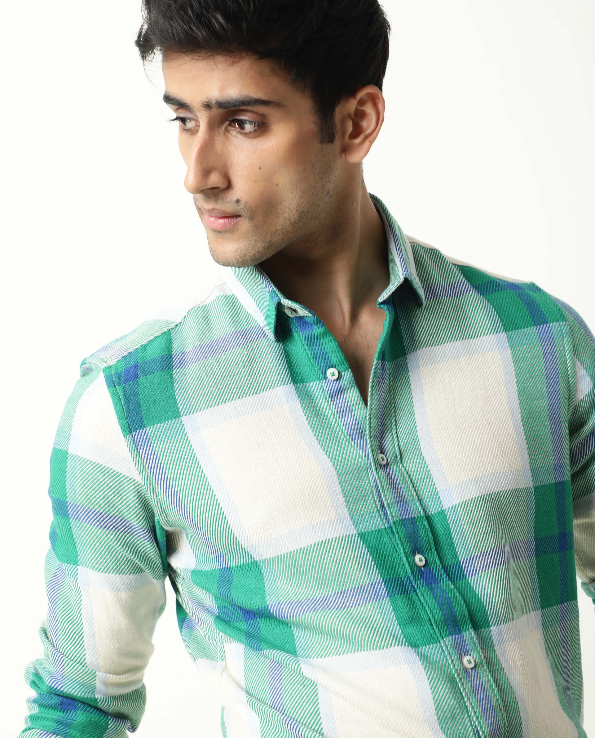 Rare Rabbit Men's Agda Green Checked Print Regular Fit Full Sleeve Spread Collar Shirt - Image 2
