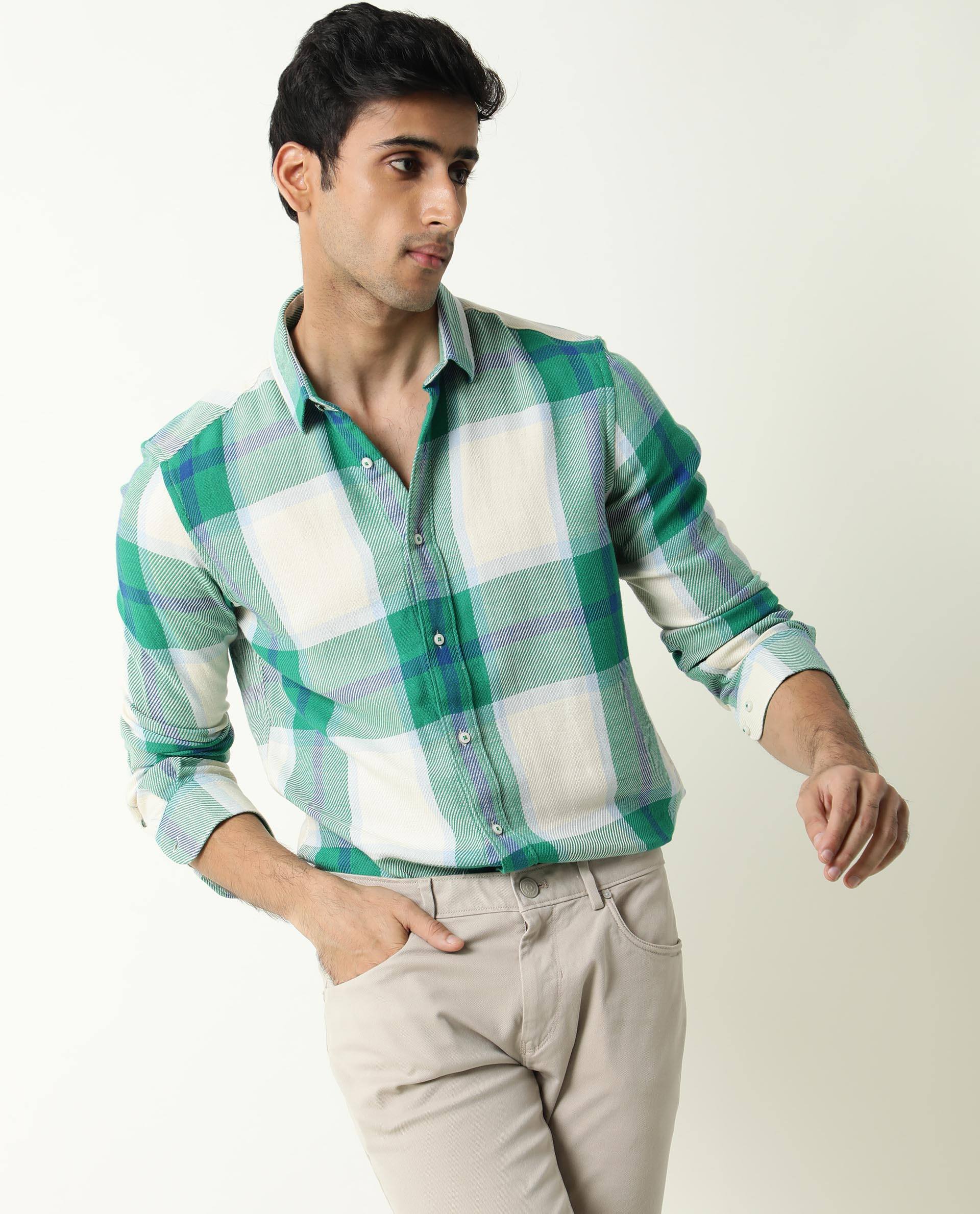 Rare Rabbit Men's Agda Green Checked Print Regular Fit Full Sleeve Spread Collar Shirt - Image 3