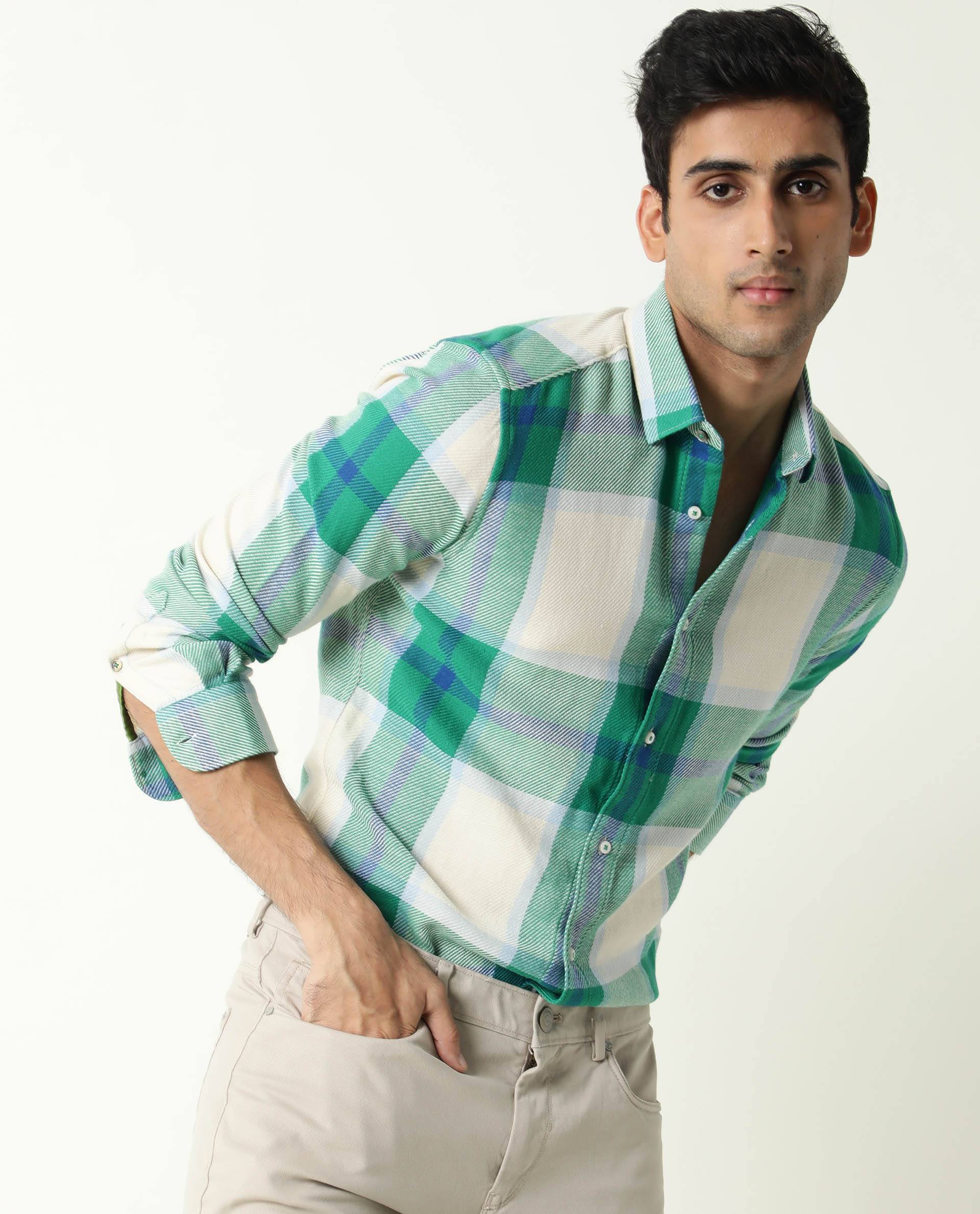 Rare Rabbit Men's Agda Green Checked Print Regular Fit Full Sleeve Spread Collar Shirt - Image 4