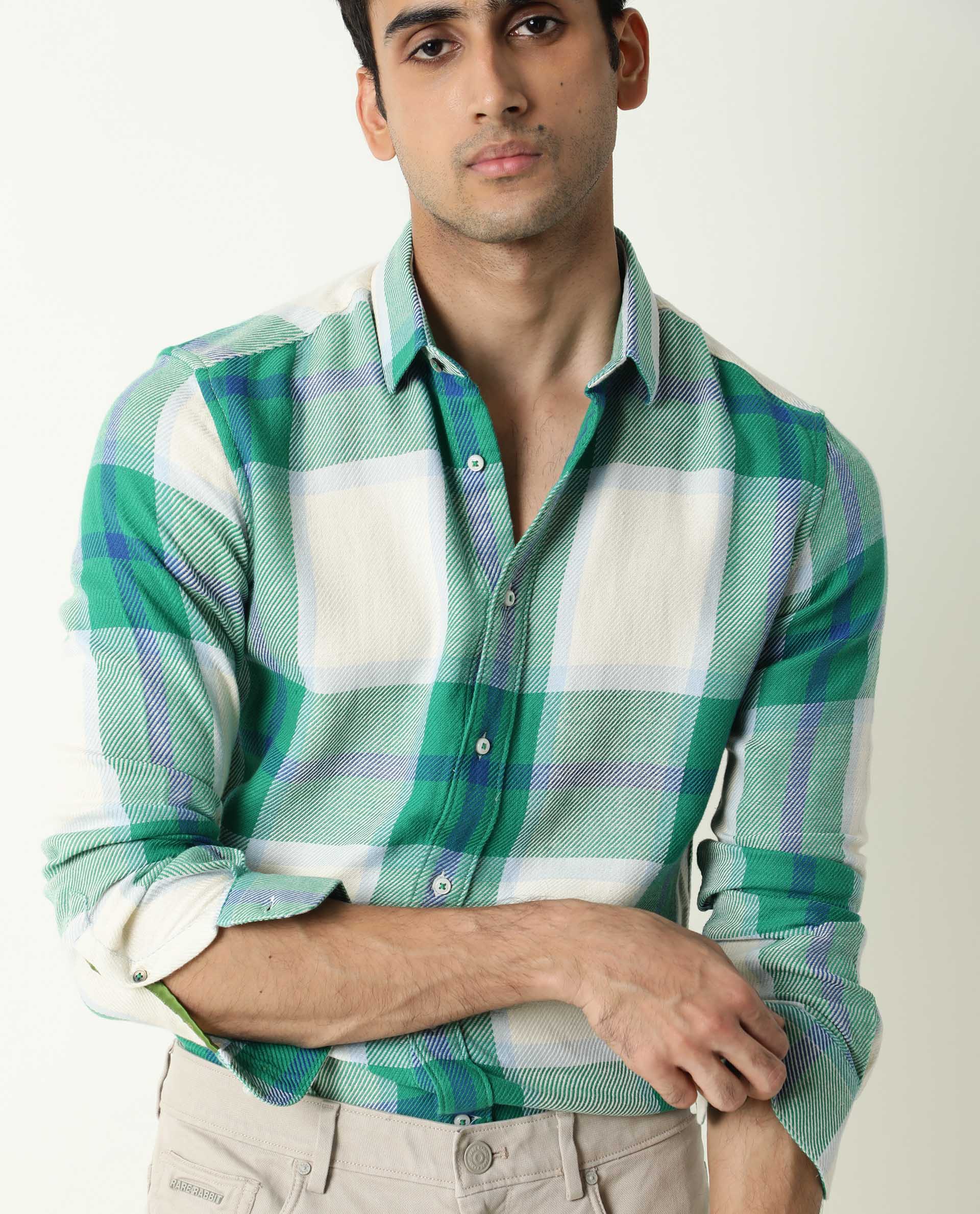 Rare Rabbit Men's Agda Green Checked Print Regular Fit Full Sleeve Spread Collar Shirt - Image 6