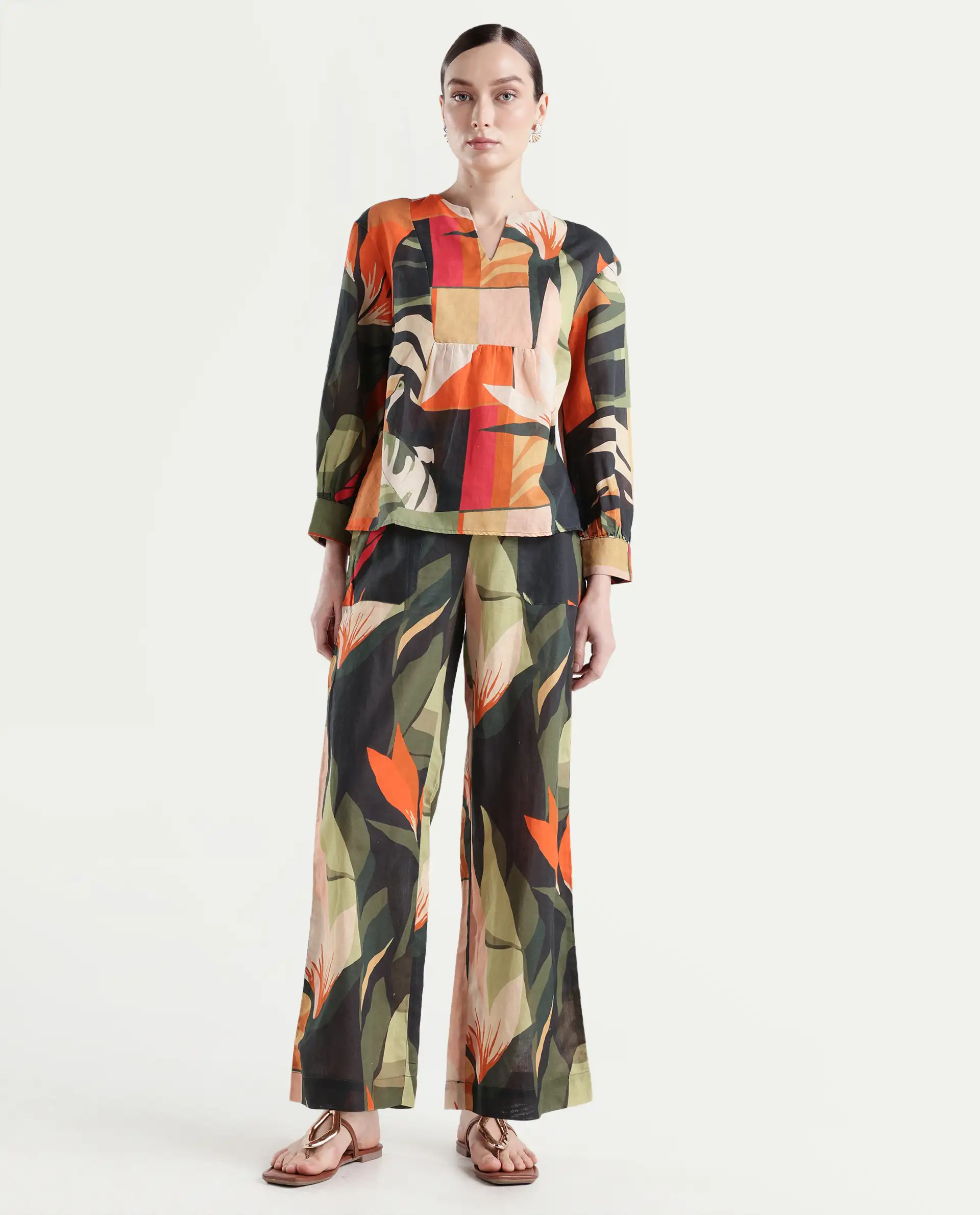 Rareism Women's Agenia-B Pastel Multi Cotton Blend Abstract Print Ankle Length Wide Trouser - Image 3