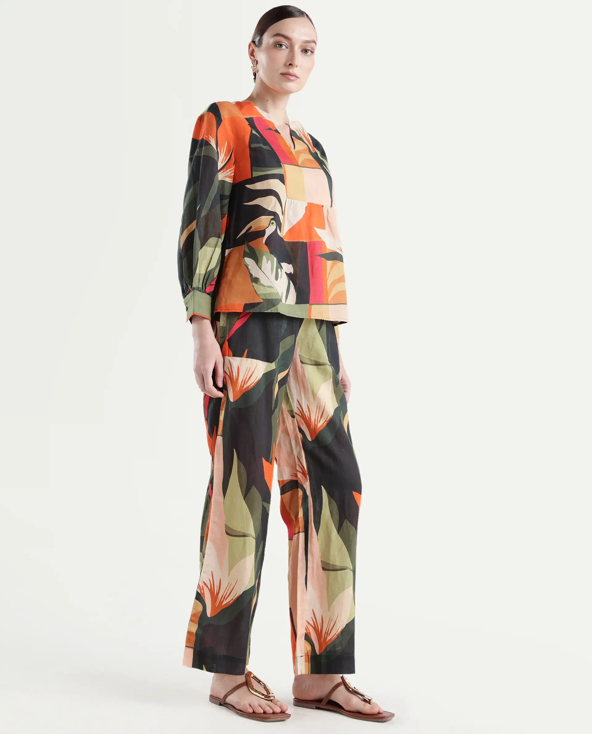 Rareism Women's Agenia-B Pastel Multi Cotton Blend Abstract Print Ankle Length Wide Trouser - Image 6