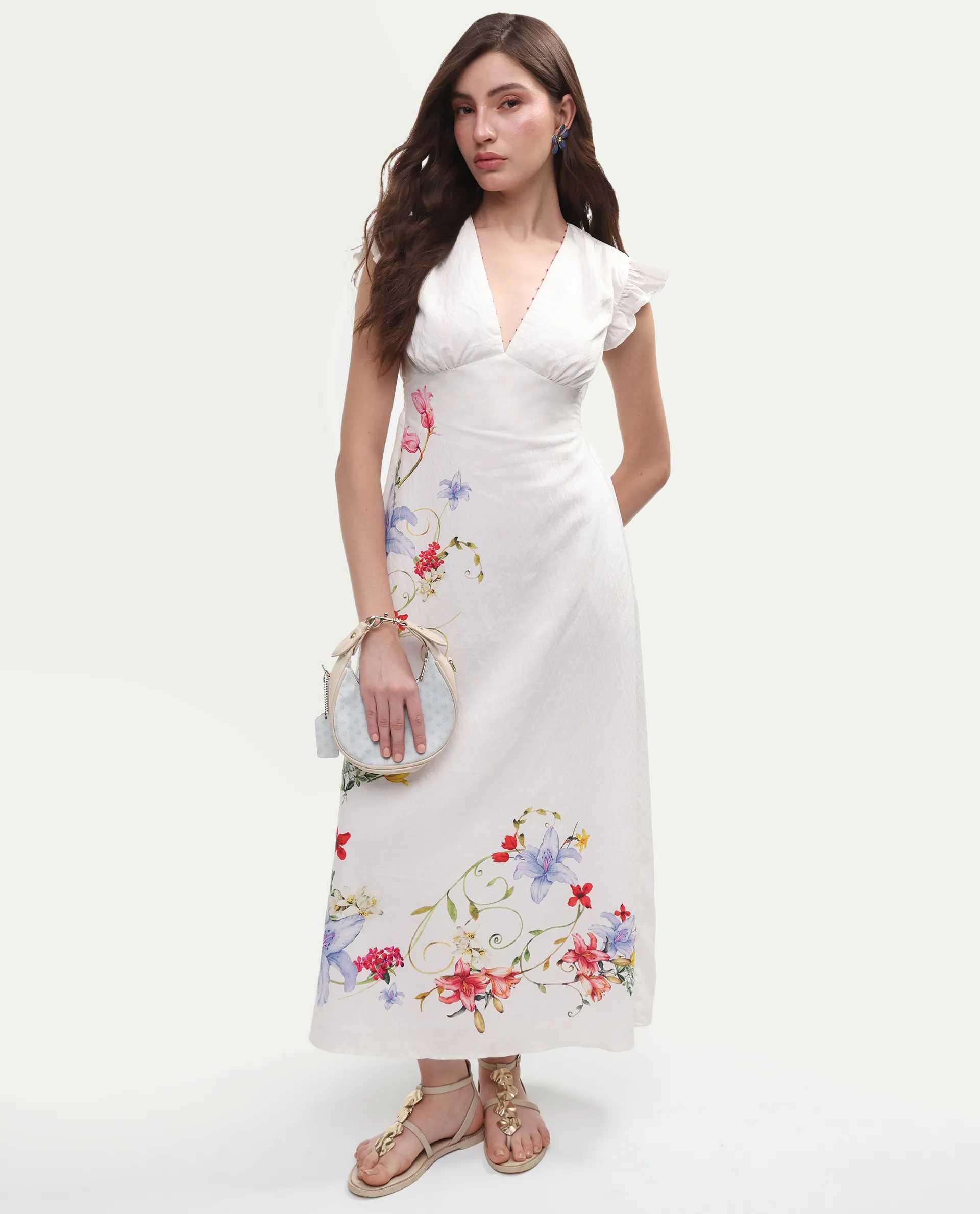Rareism Women's Aglow Off White Viscose Blend Half Sleeve Fit And Flare Floral Print Dress