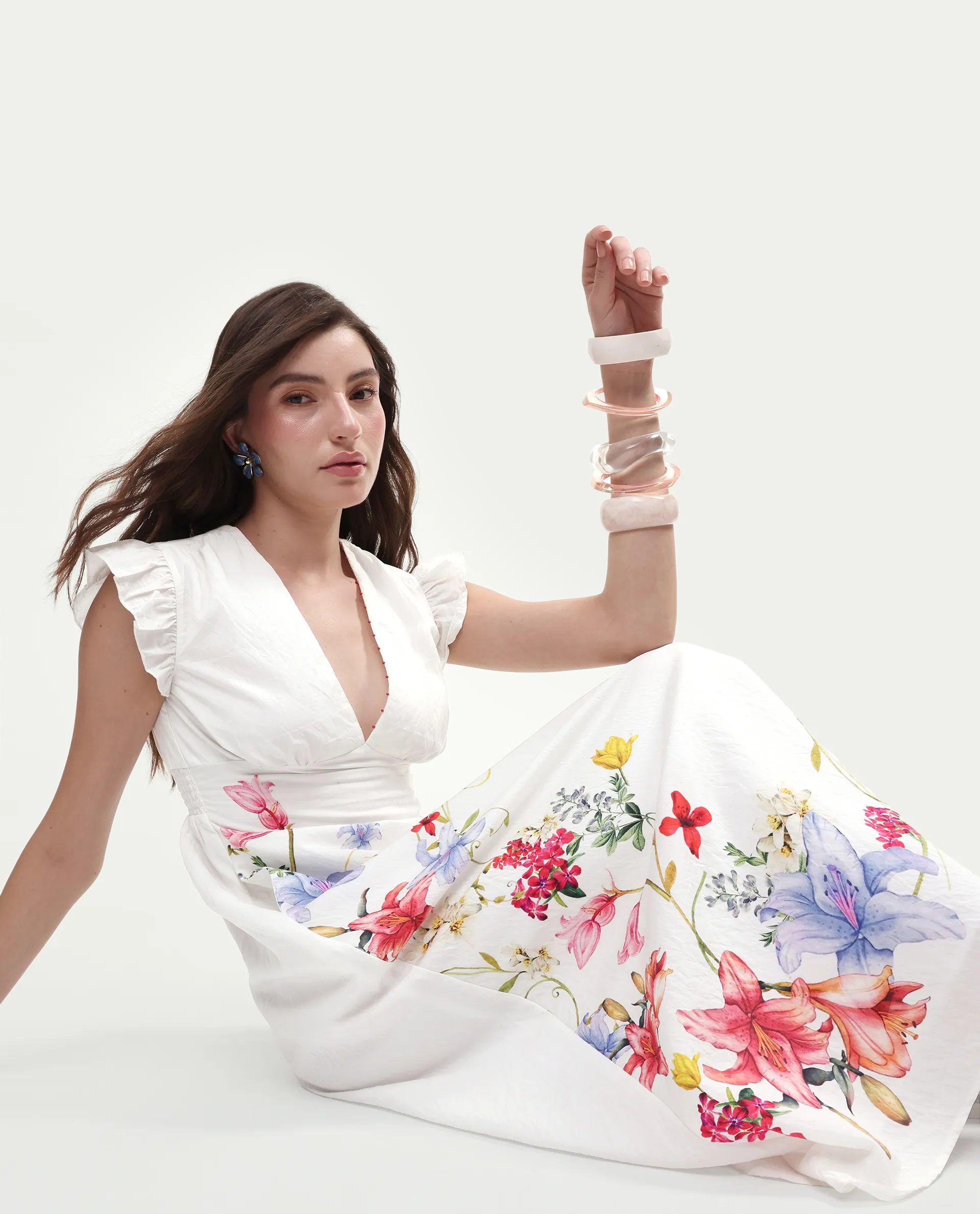 Rareism Women's Aglow Off White Viscose Blend Half Sleeve Fit And Flare Floral Print Dress - Image 2