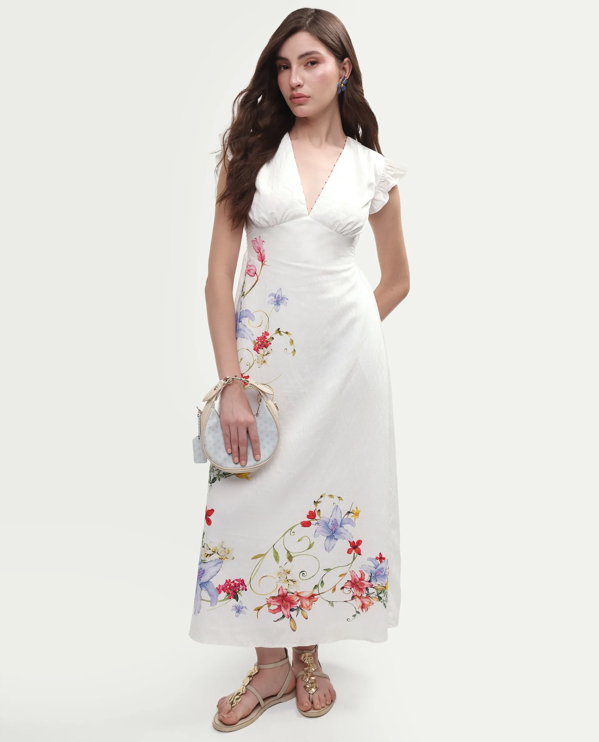 Rareism Women's Aglow Off White Viscose Blend Half Sleeve Fit And Flare Floral Print Dress - Image 3