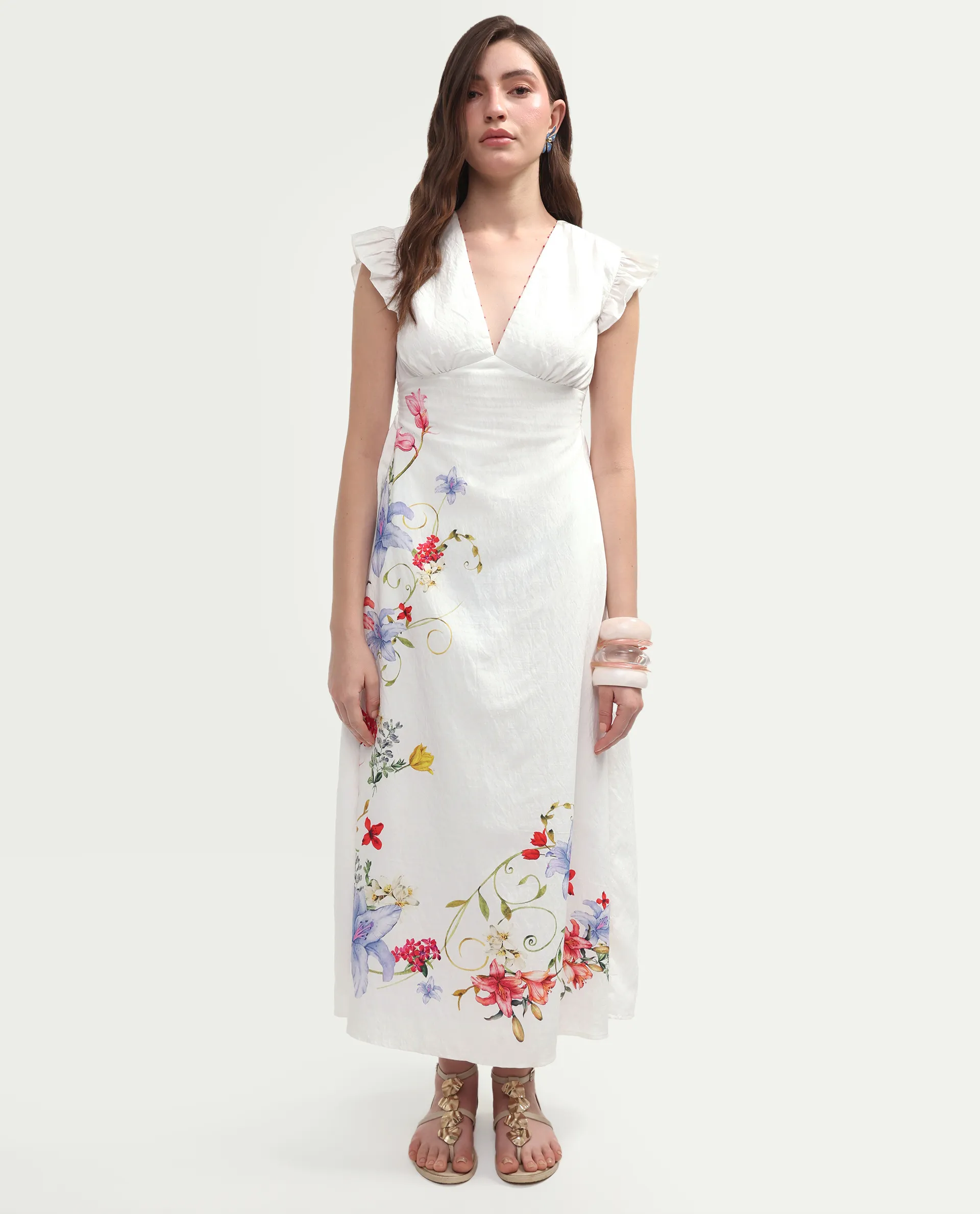 Rareism Women's Aglow Off White Viscose Blend Half Sleeve Fit And Flare Floral Print Dress - Image 5