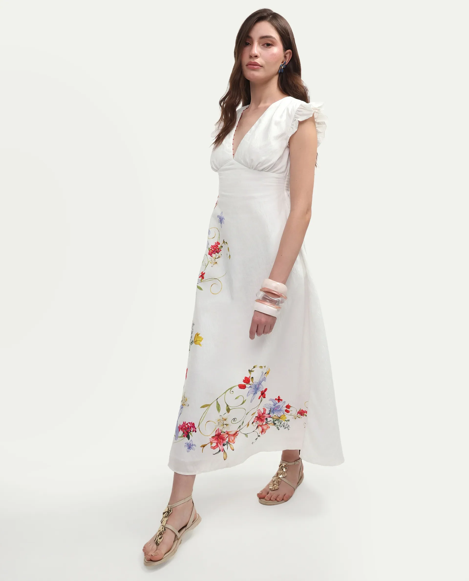 Rareism Women's Aglow Off White Viscose Blend Half Sleeve Fit And Flare Floral Print Dress - Image 6
