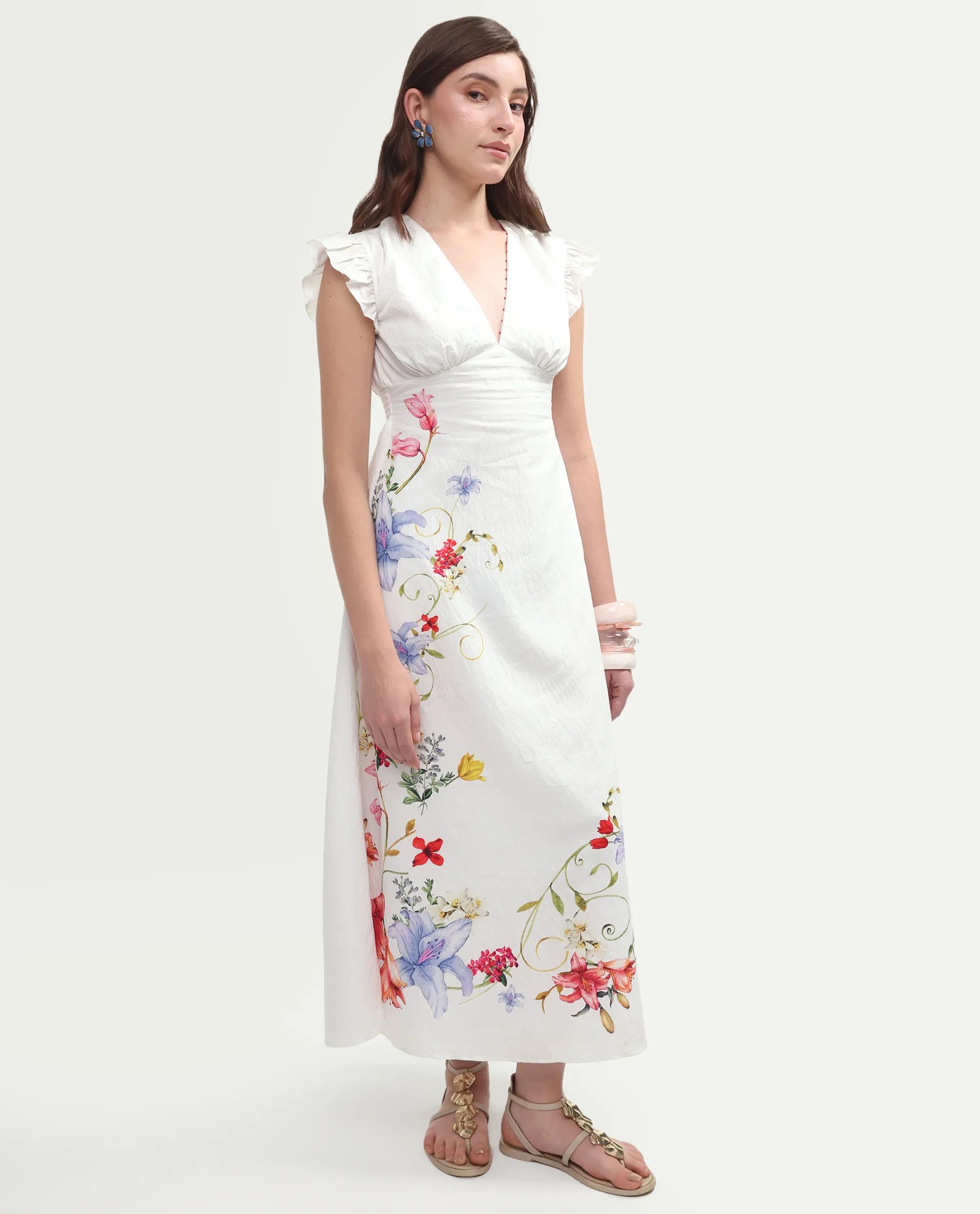 Rareism Women's Aglow Off White Viscose Blend Half Sleeve Fit And Flare Floral Print Dress - Image 7