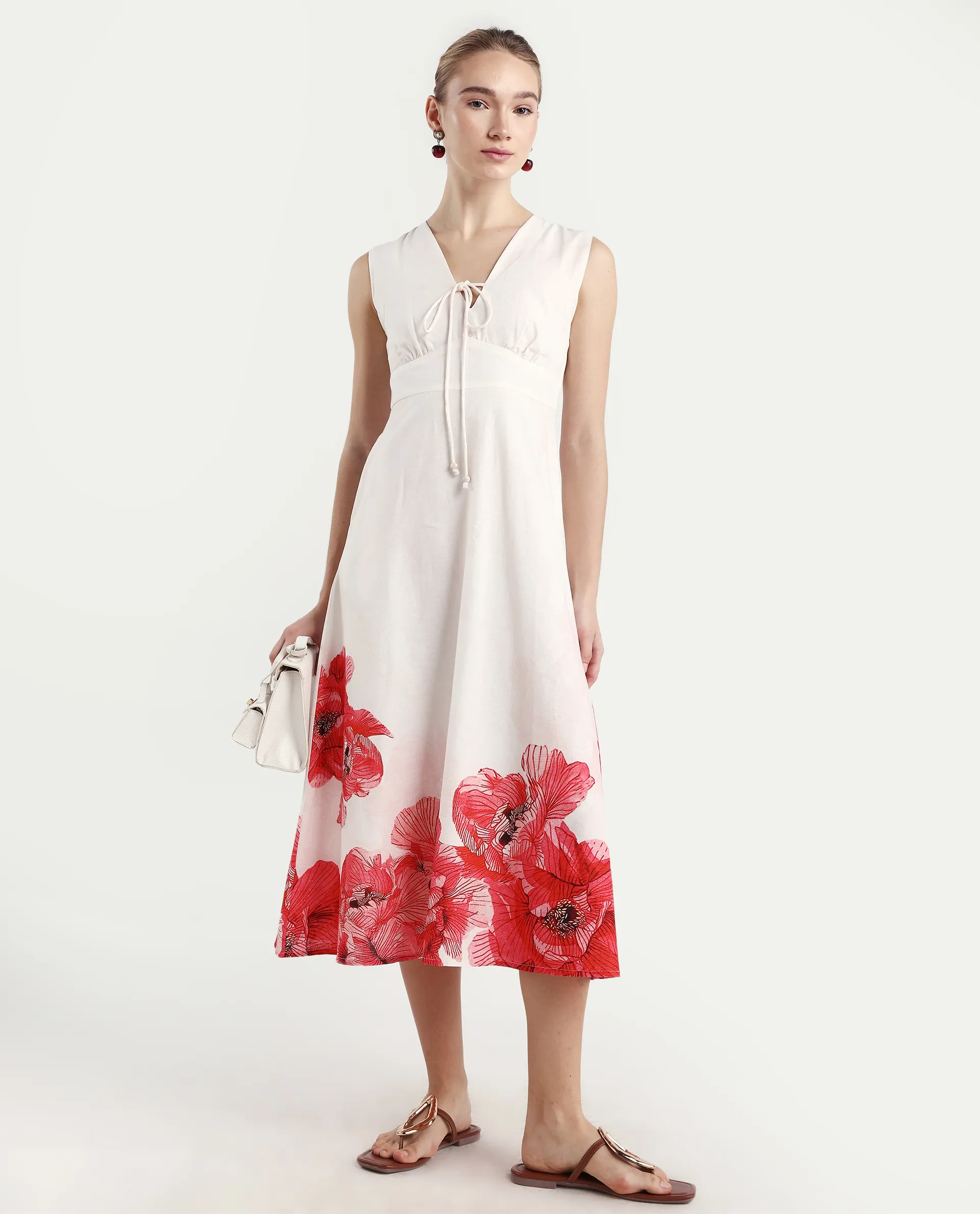 Rareism Women's Ago Off White Viscose Blend Sleeveless Fit And Flare Floral Print Dress - Image 2