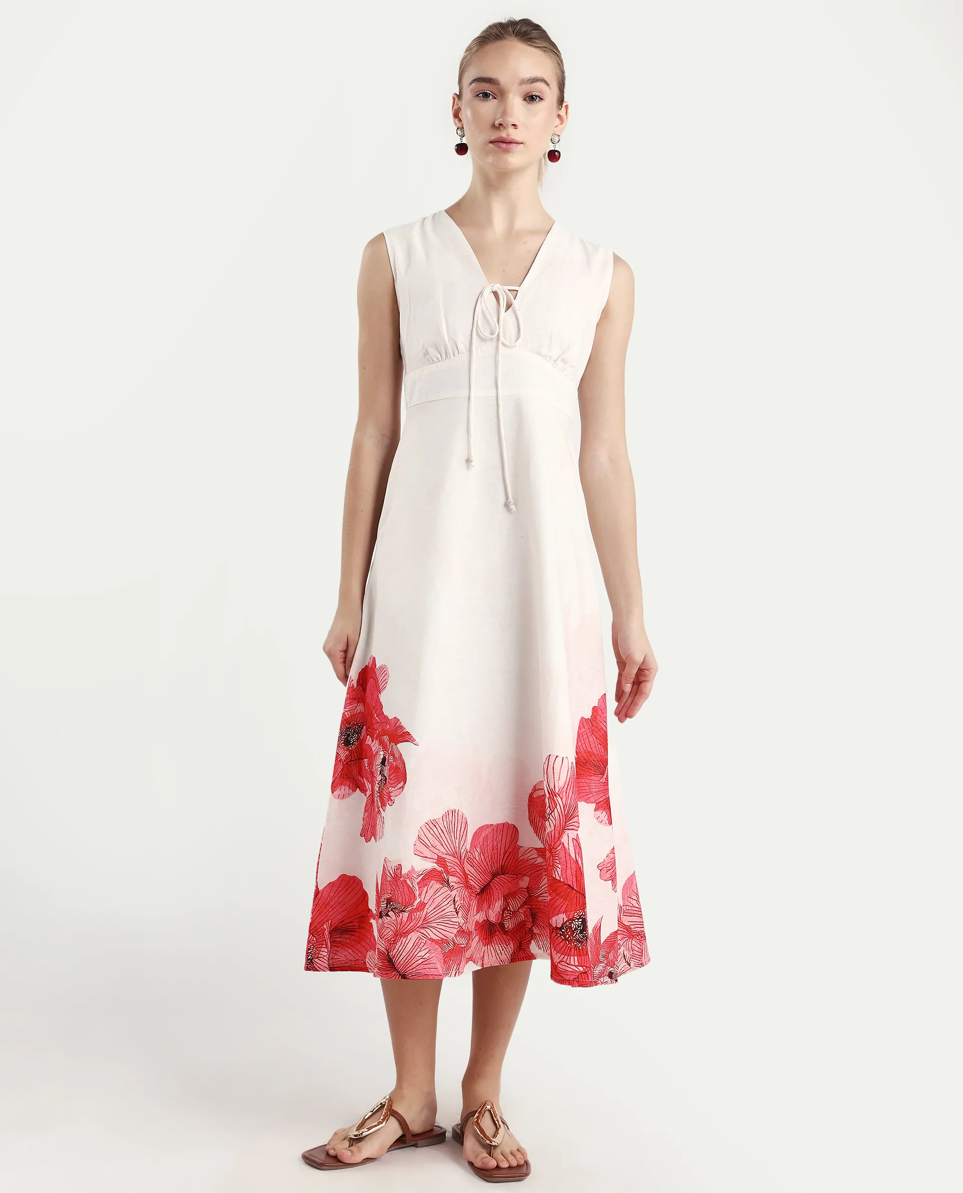 Rareism Women's Ago Off White Viscose Blend Sleeveless Fit And Flare Floral Print Dress - Image 3