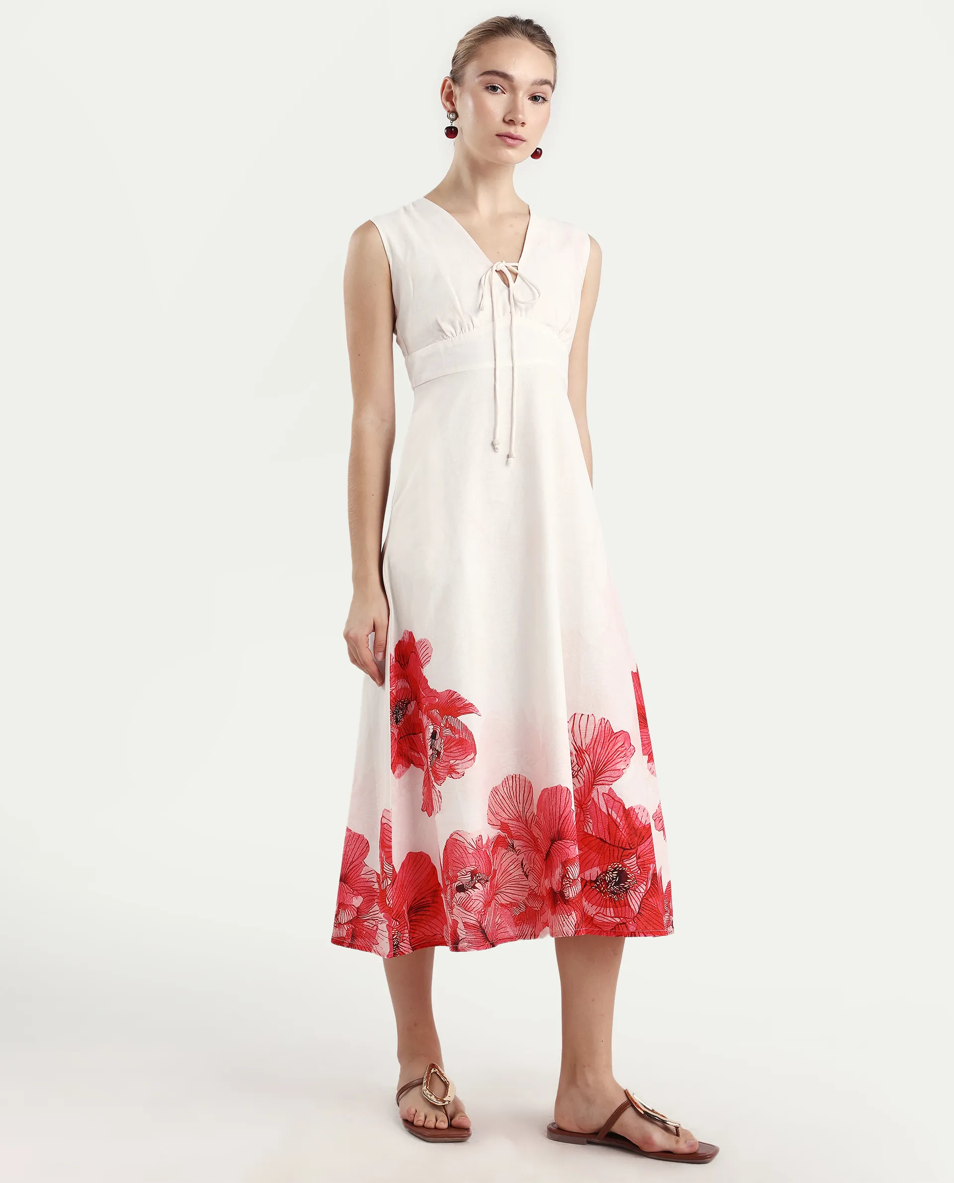Rareism Women's Ago Off White Viscose Blend Sleeveless Fit And Flare Floral Print Dress - Image 5