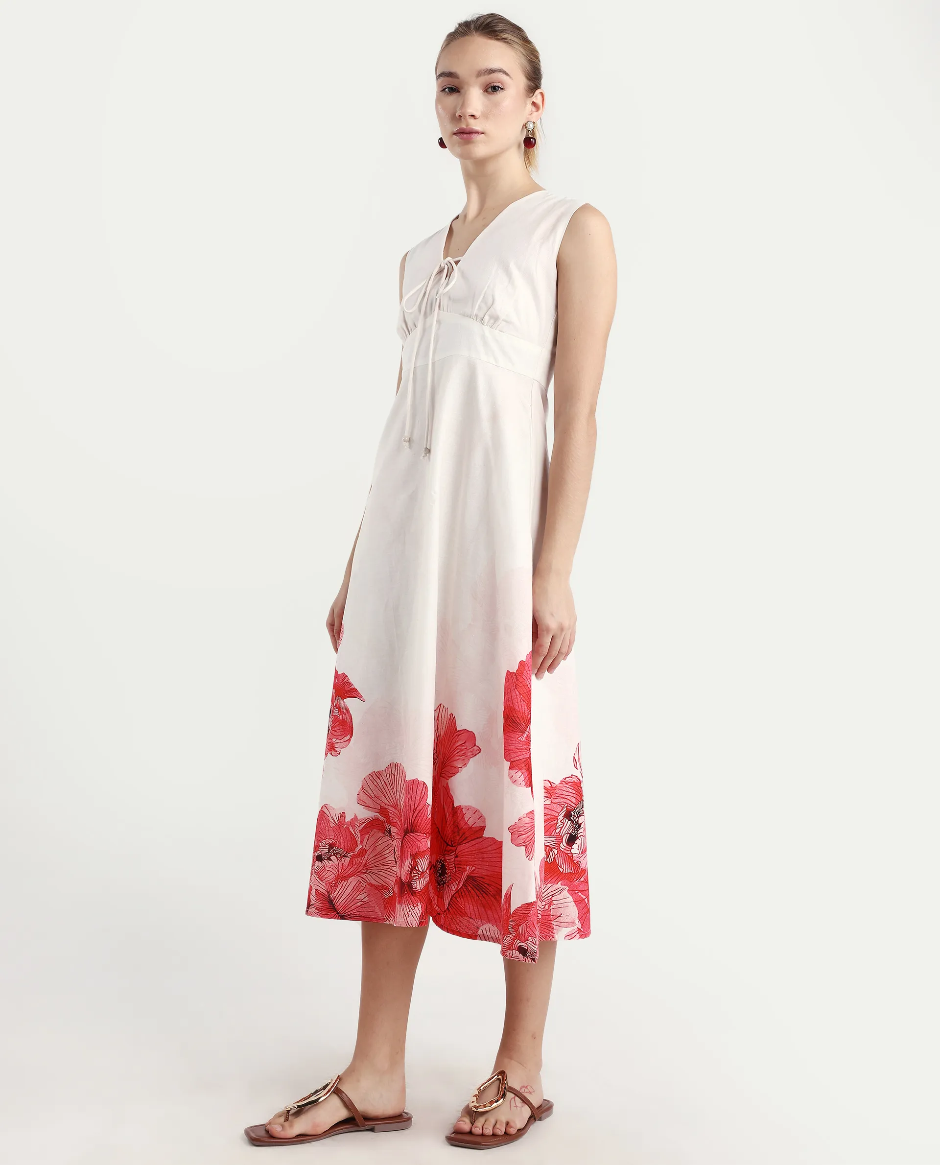 Rareism Women's Ago Off White Viscose Blend Sleeveless Fit And Flare Floral Print Dress - Image 6