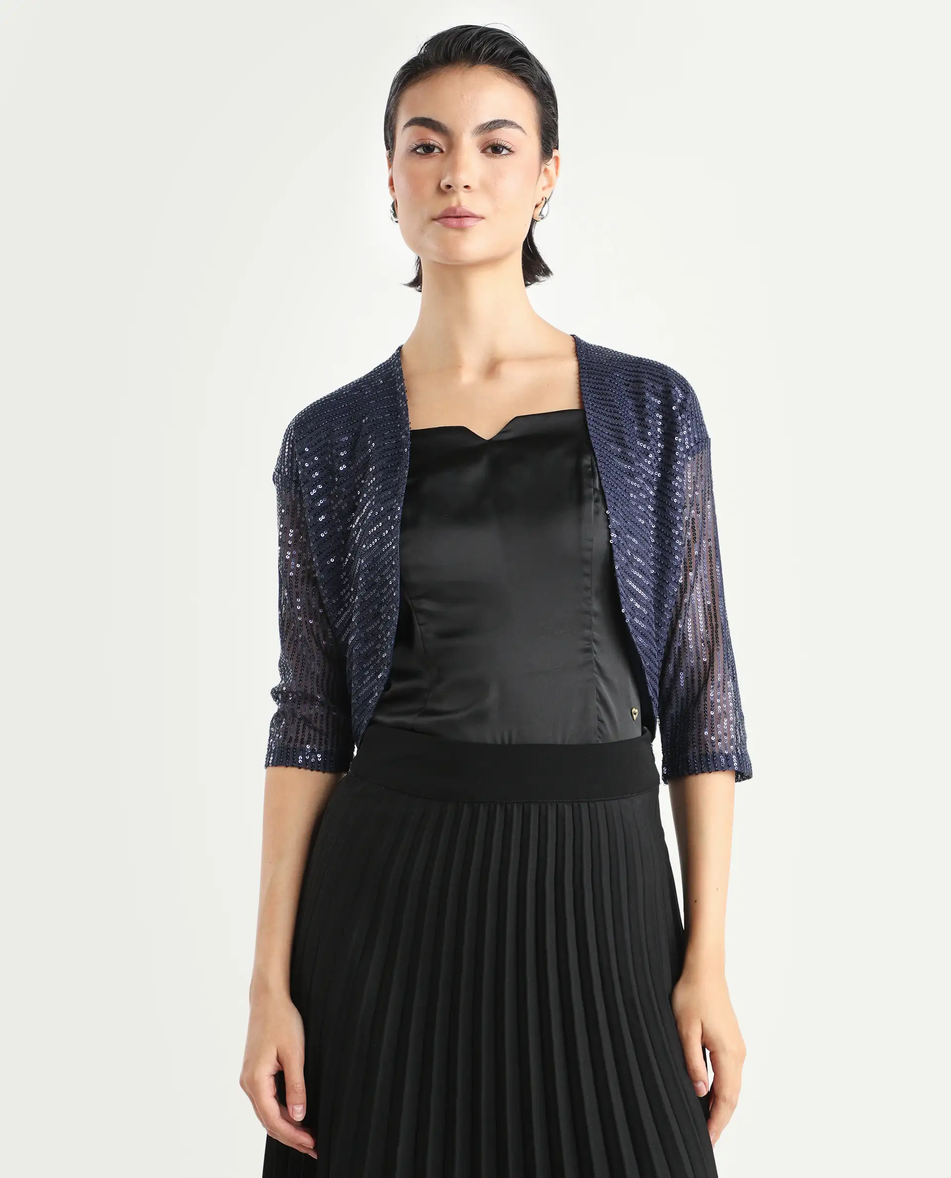 Rareism Women's Agog Blue Nylon Collarless Sequined Knee Length Regular Fit Shrug - Image 3