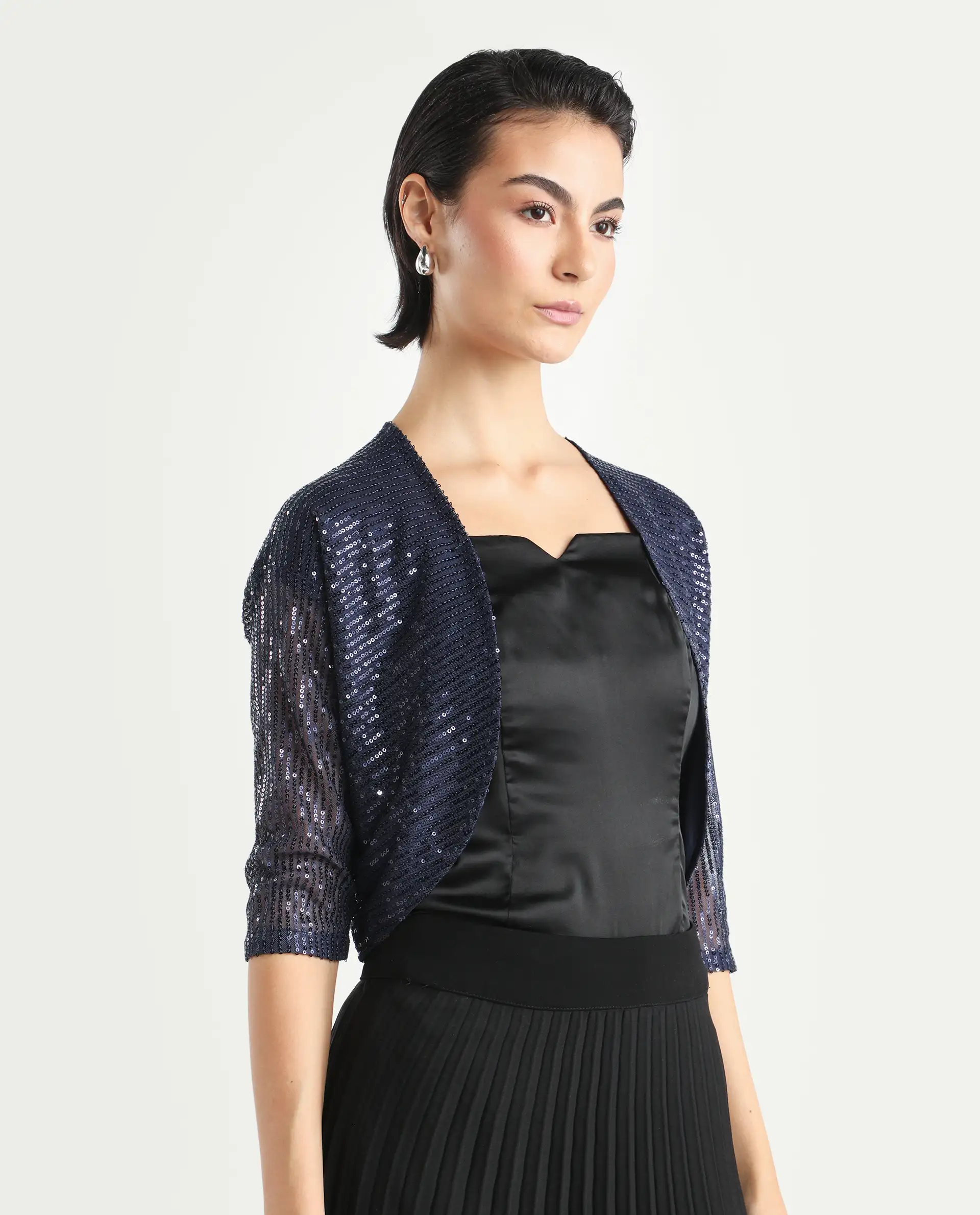 Rareism Women's Agog Blue Nylon Collarless Sequined Knee Length Regular Fit Shrug - Image 4