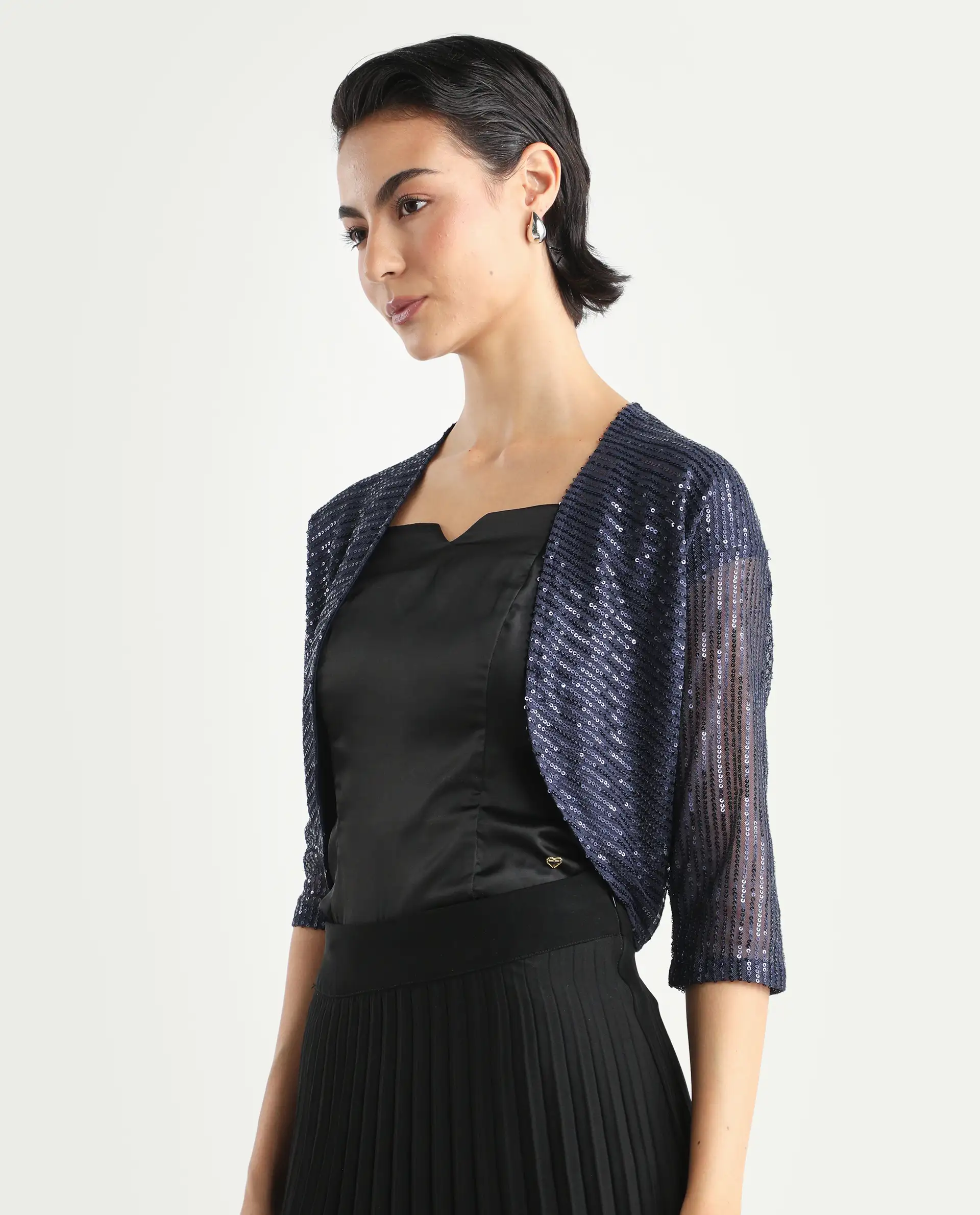 Rareism Women's Agog Blue Nylon Collarless Sequined Knee Length Regular Fit Shrug - Image 5