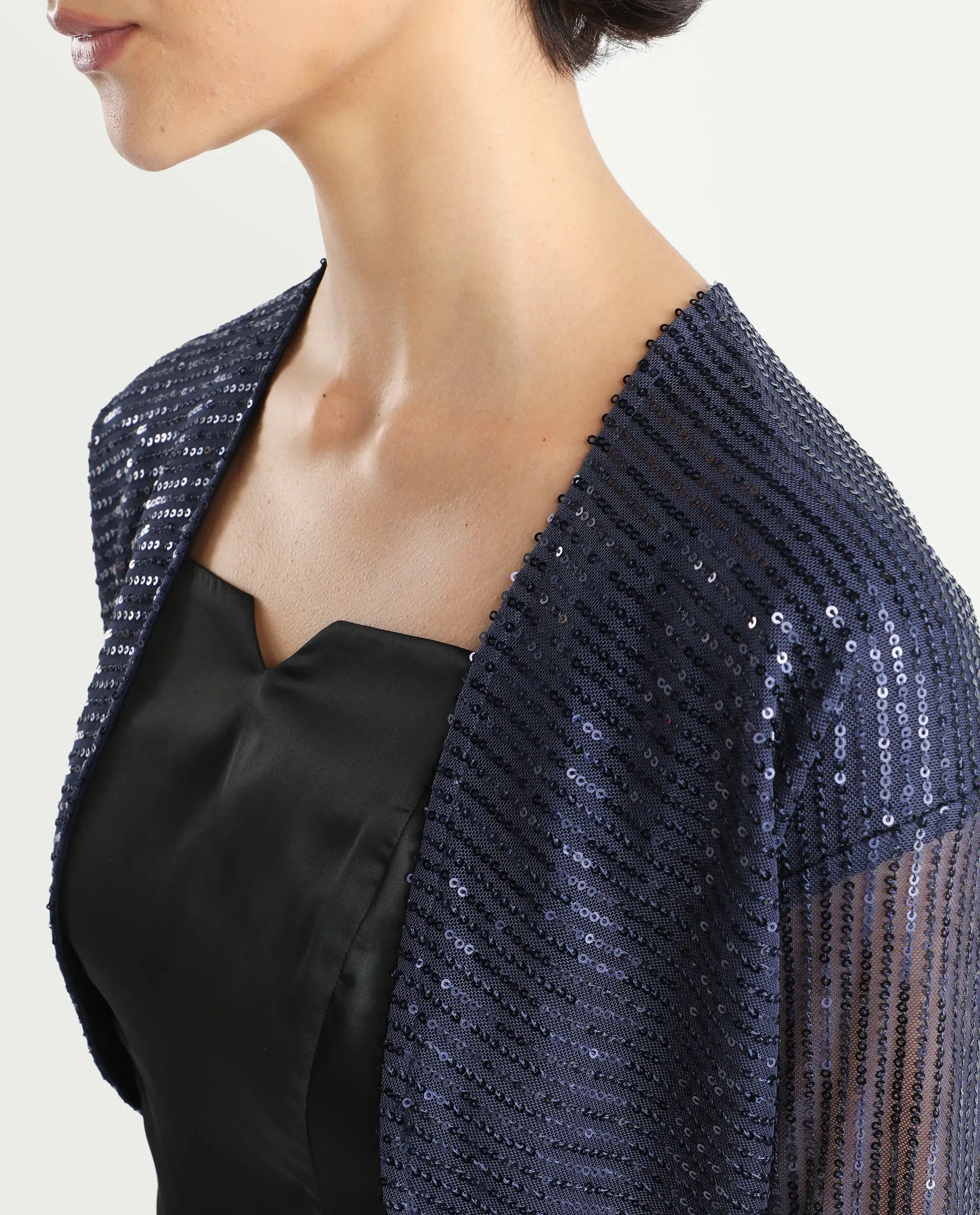Rareism Women's Agog Blue Nylon Collarless Sequined Knee Length Regular Fit Shrug - Image 6