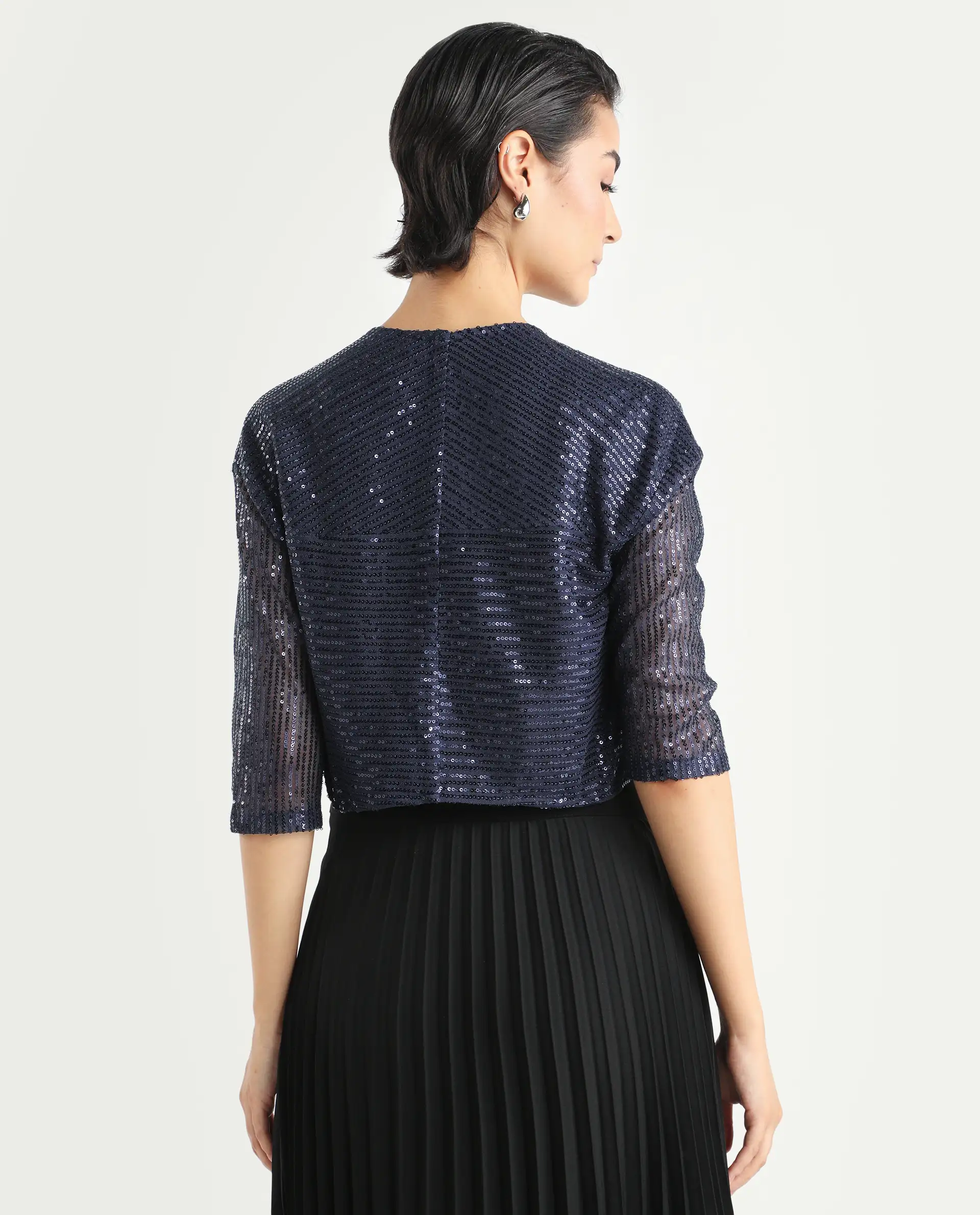 Rareism Women's Agog Blue Nylon Collarless Sequined Knee Length Regular Fit Shrug - Image 7