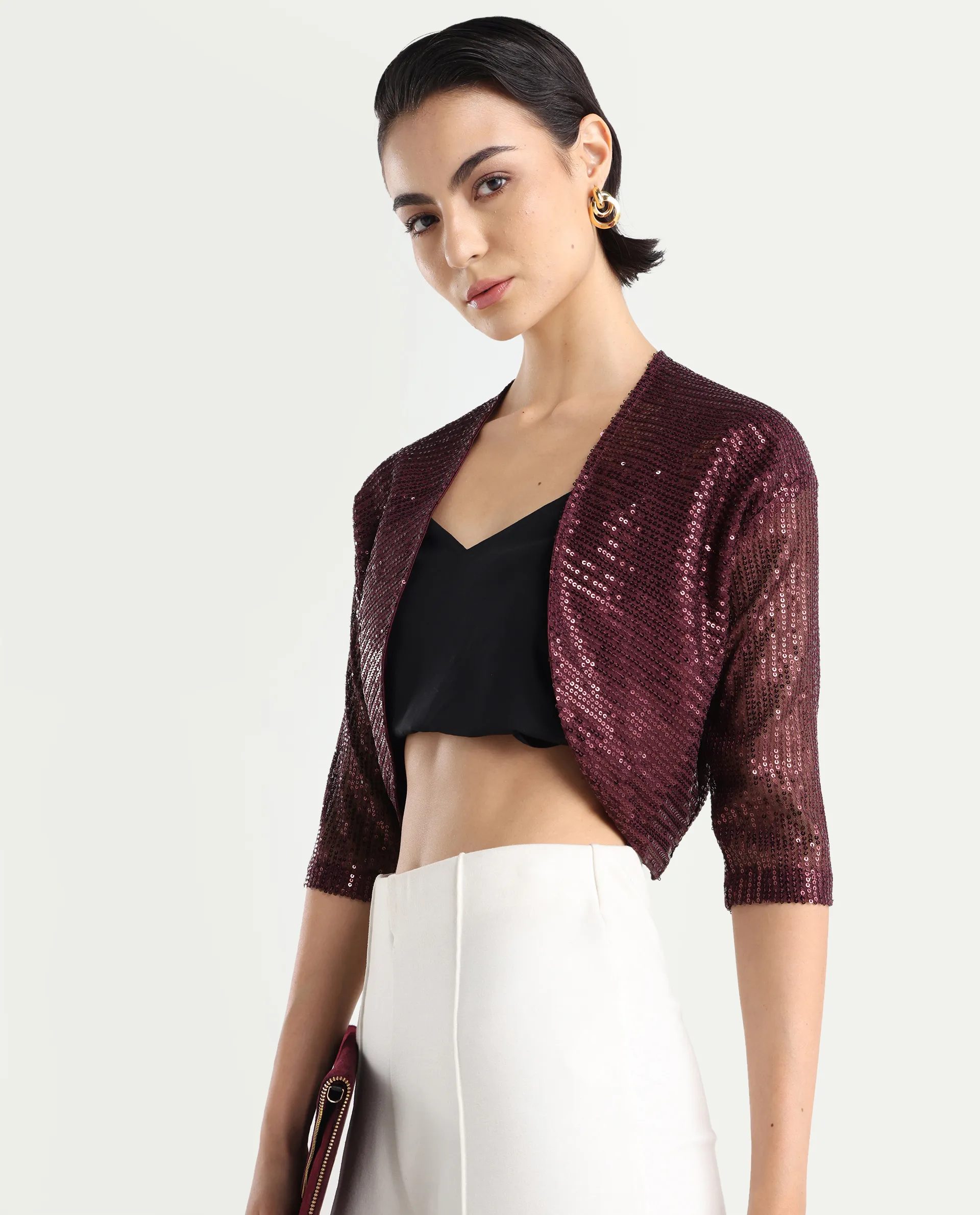 Rareism Women's Agog Maroon Nylon Collarless Sequined Knee Length Regular Fit Shrug