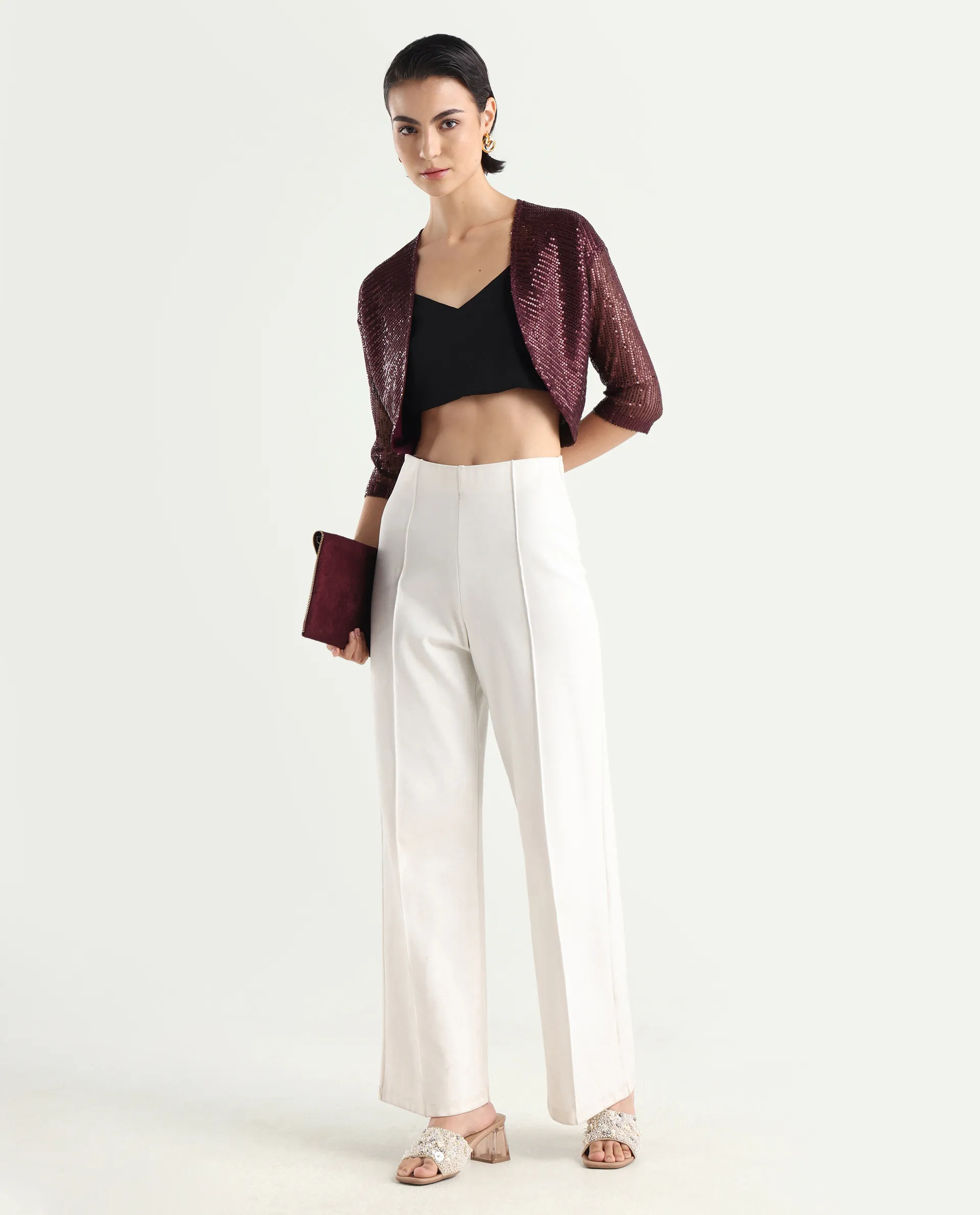 Rareism Women's Agog Maroon Nylon Collarless Sequined Knee Length Regular Fit Shrug - Image 2