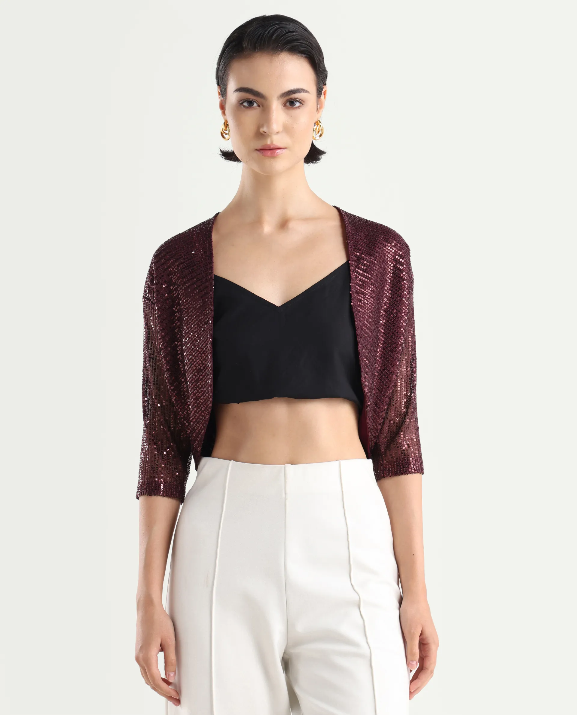 Rareism Women's Agog Maroon Nylon Collarless Sequined Knee Length Regular Fit Shrug - Image 3