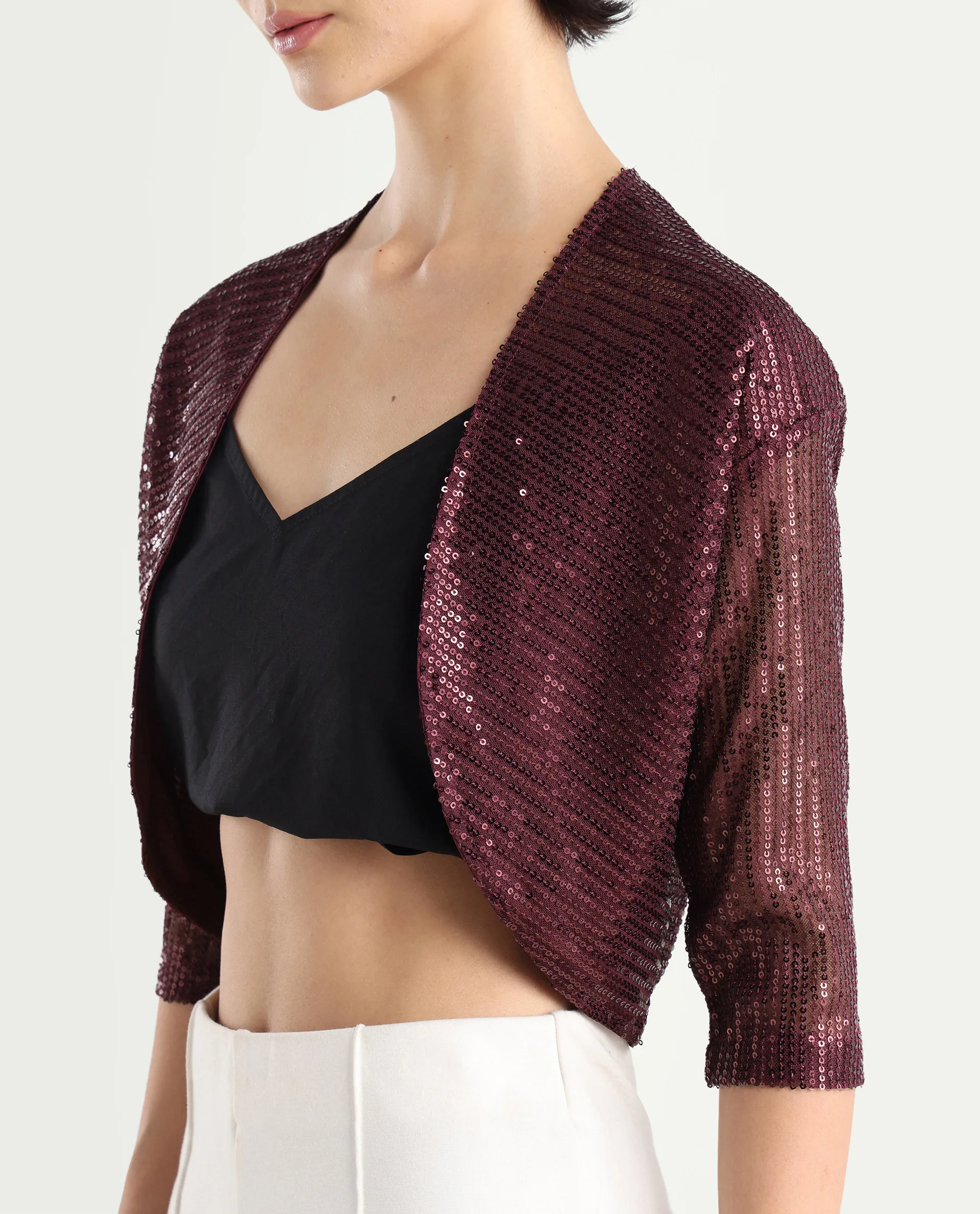 Rareism Women's Agog Maroon Nylon Collarless Sequined Knee Length Regular Fit Shrug - Image 4