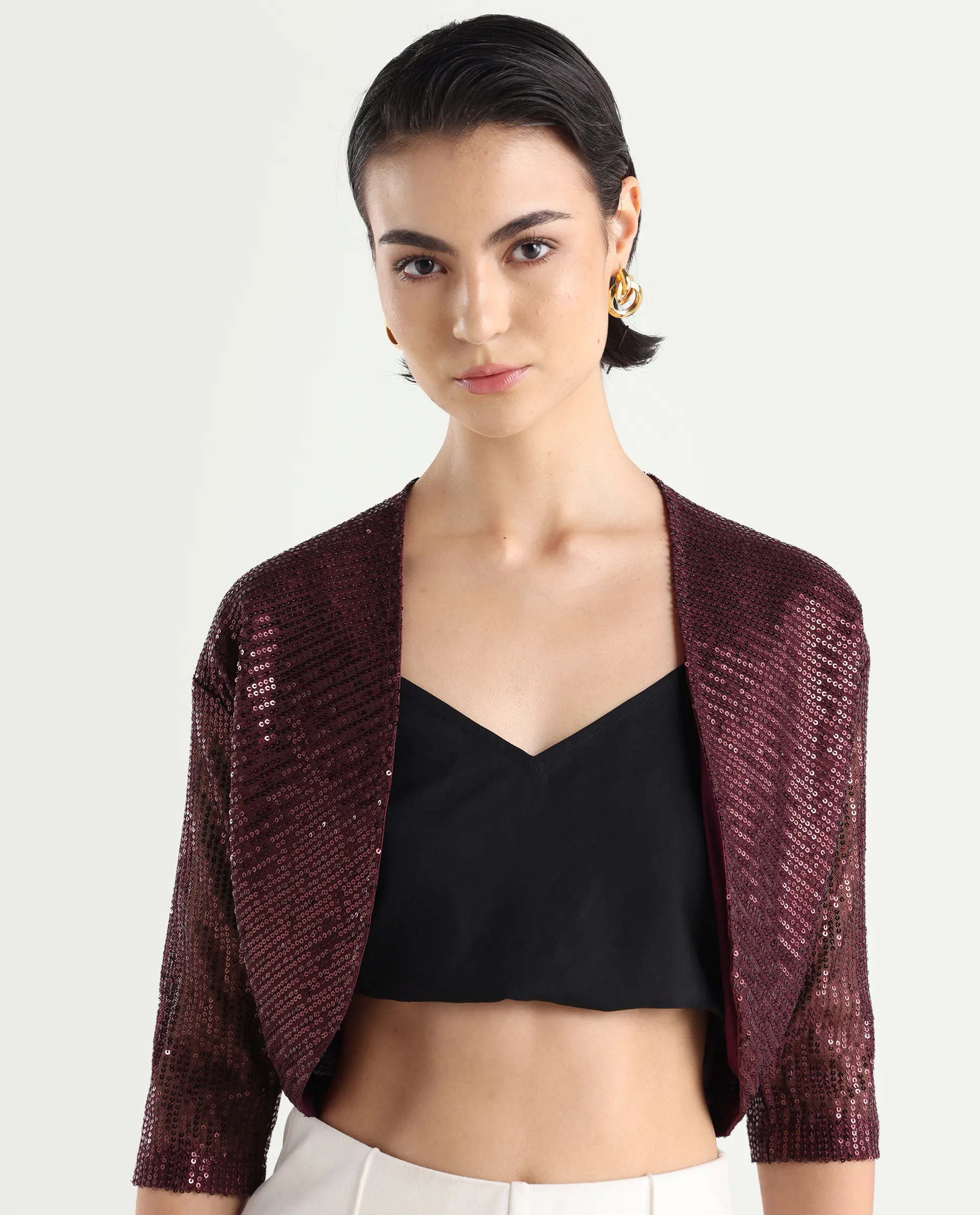 Rareism Women's Agog Maroon Nylon Collarless Sequined Knee Length Regular Fit Shrug - Image 5