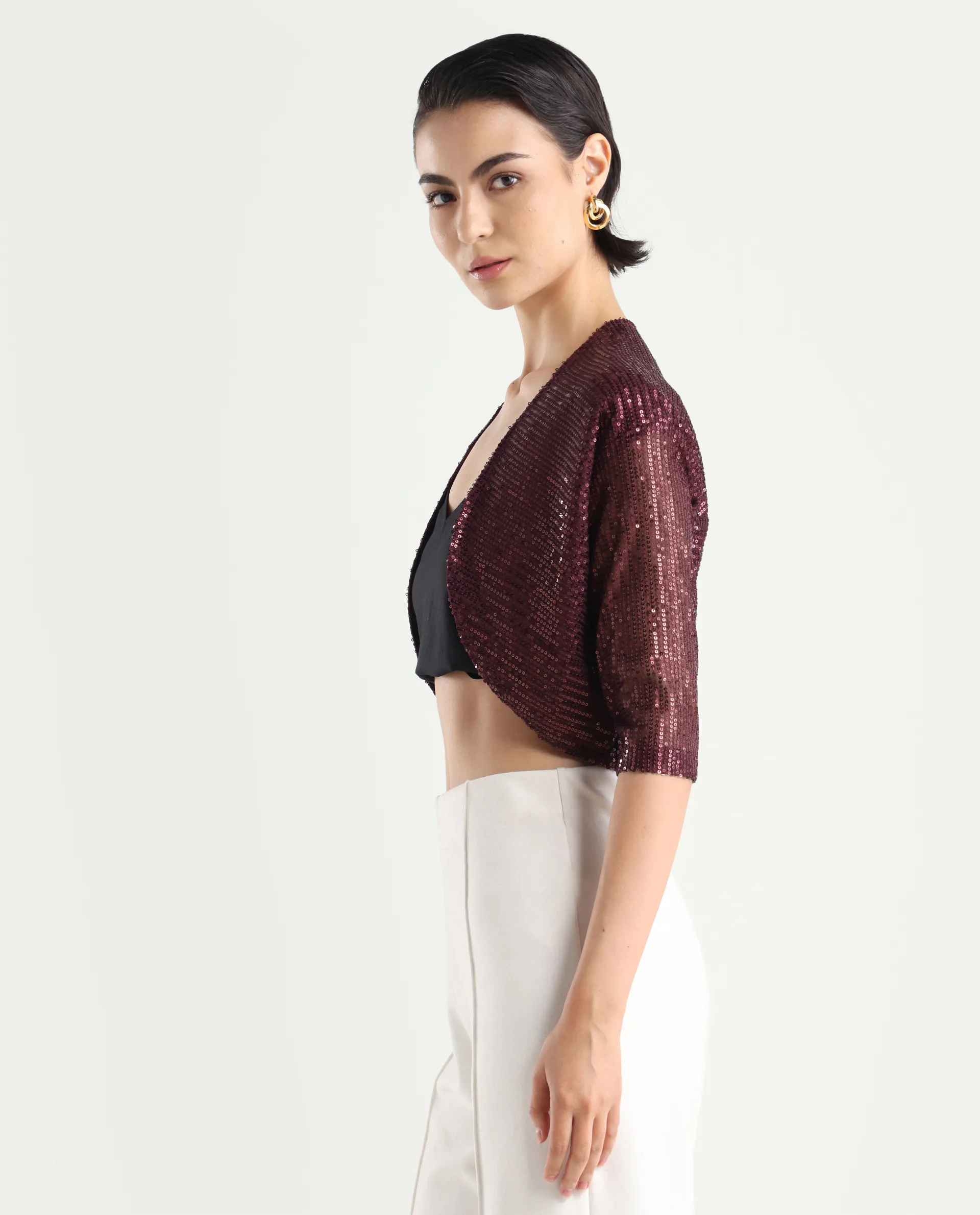 Rareism Women's Agog Maroon Nylon Collarless Sequined Knee Length Regular Fit Shrug - Image 6