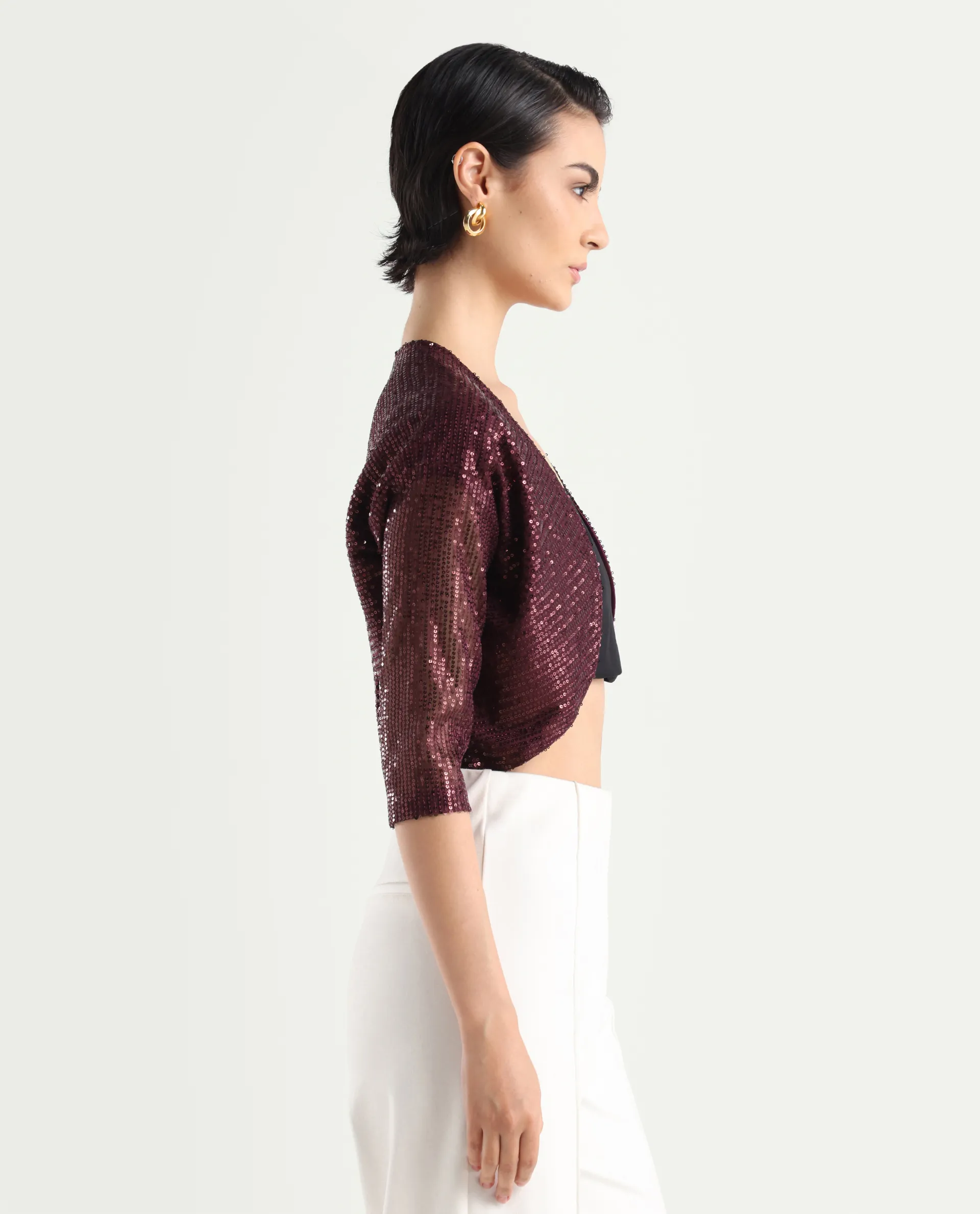 Rareism Women's Agog Maroon Nylon Collarless Sequined Knee Length Regular Fit Shrug - Image 7