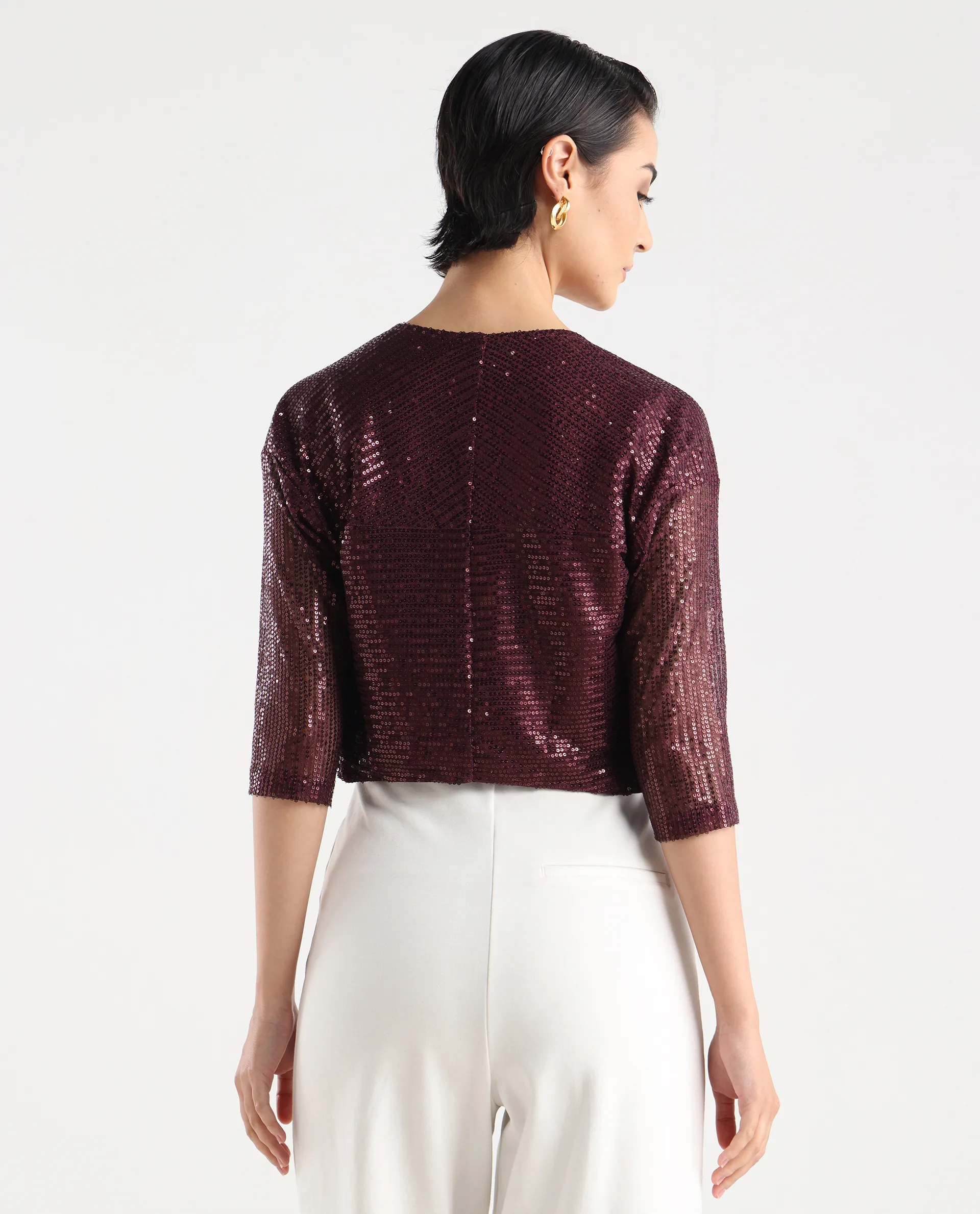 Rareism Women's Agog Maroon Nylon Collarless Sequined Knee Length Regular Fit Shrug - Image 8