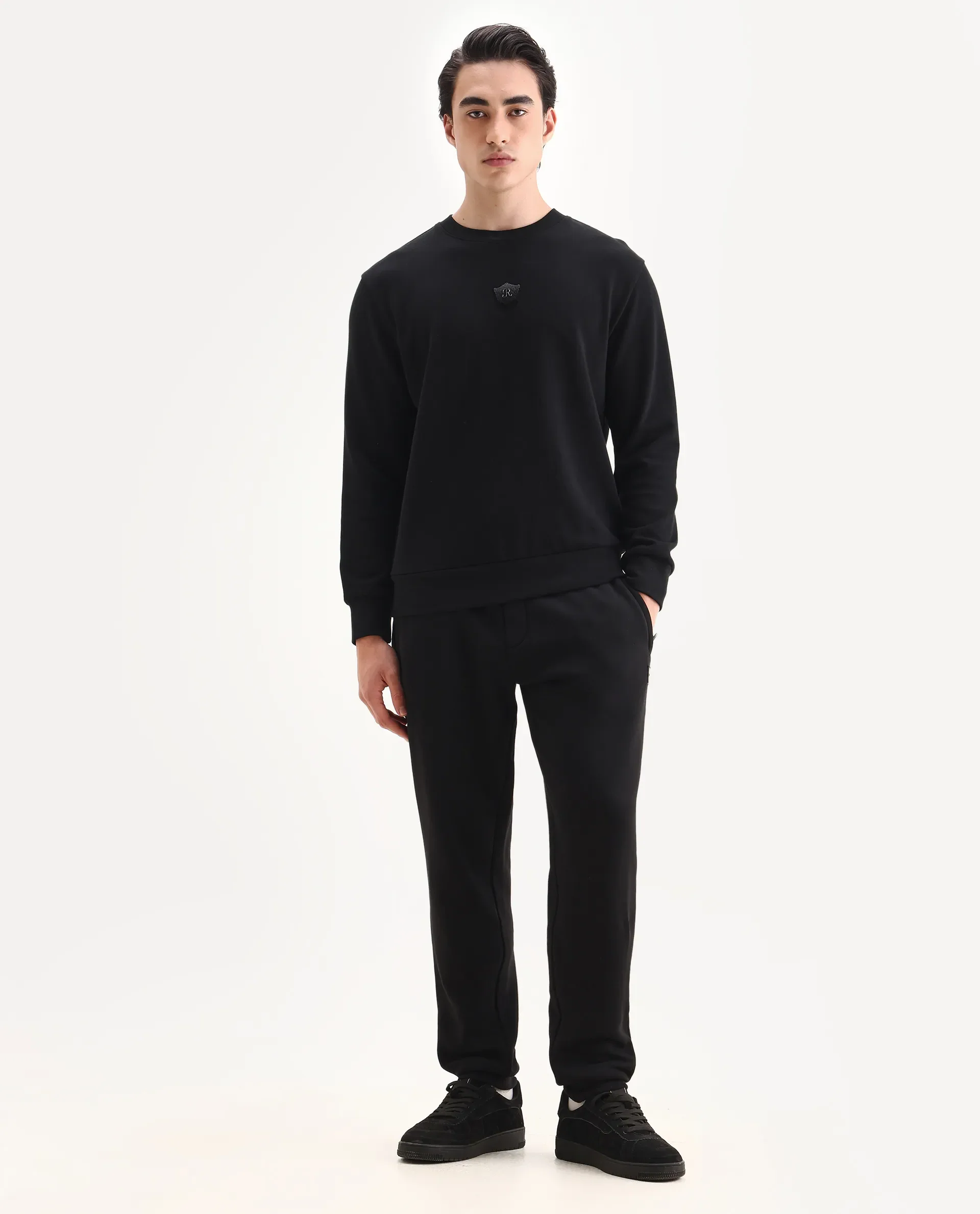Rare Rabbit Men's Agon Black Rayon Blend Fabric Full Sleeves Crew Neck Badge Print Sweatshirt - Image 2