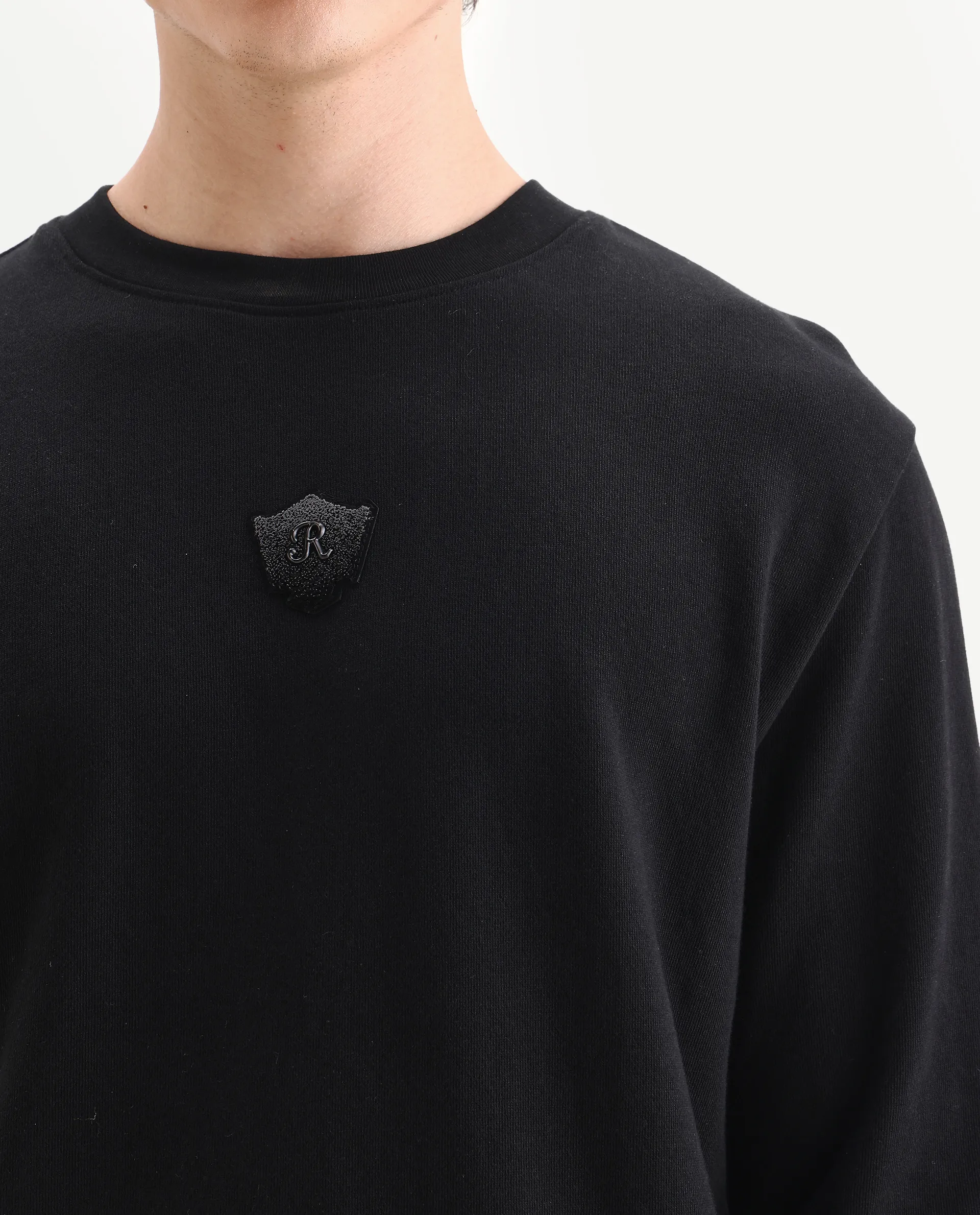 Rare Rabbit Men's Agon Black Rayon Blend Fabric Full Sleeves Crew Neck Badge Print Sweatshirt - Image 3