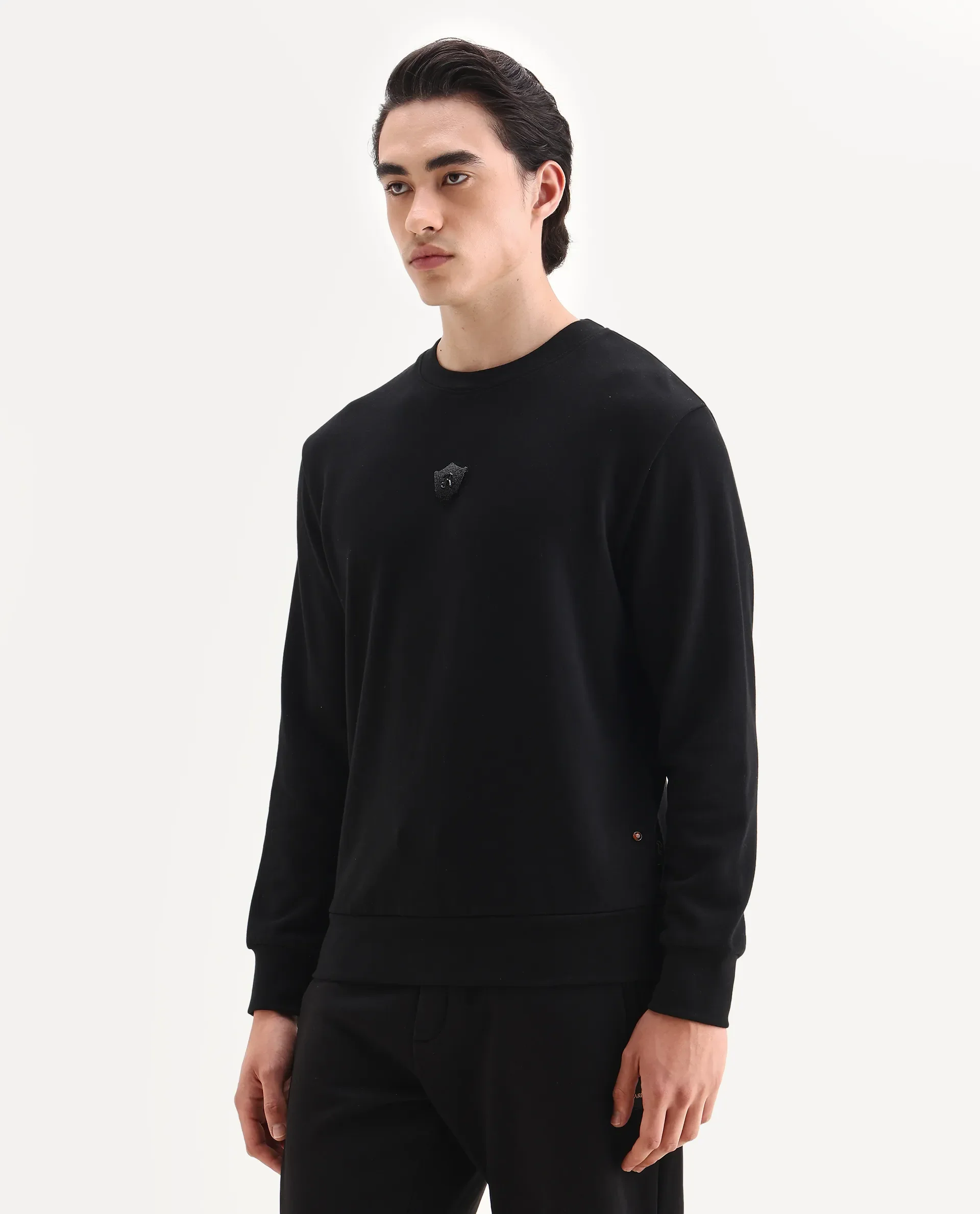 Rare Rabbit Men's Agon Black Rayon Blend Fabric Full Sleeves Crew Neck Badge Print Sweatshirt - Image 4