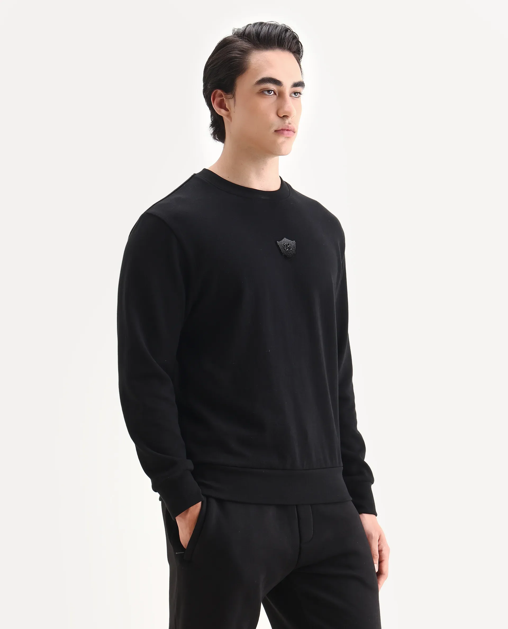 Rare Rabbit Men's Agon Black Rayon Blend Fabric Full Sleeves Crew Neck Badge Print Sweatshirt - Image 5