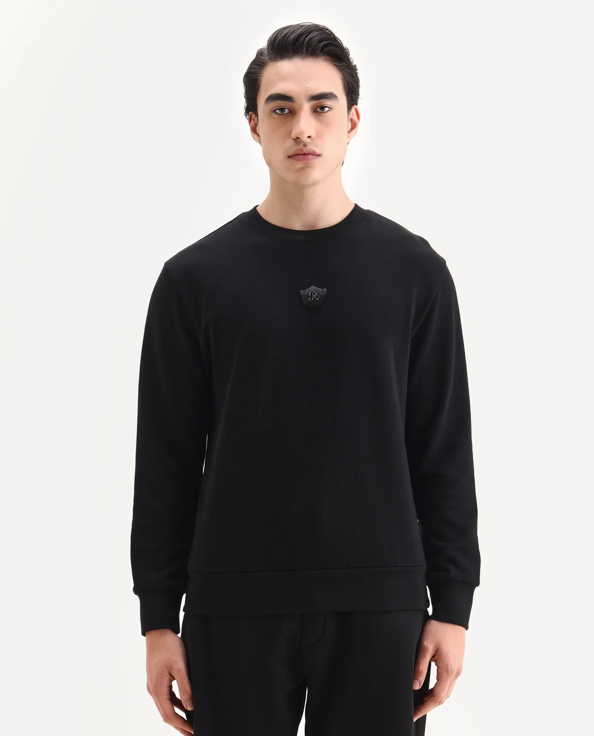 Rare Rabbit Men's Agon Black Rayon Blend Fabric Full Sleeves Crew Neck Badge Print Sweatshirt - Image 6
