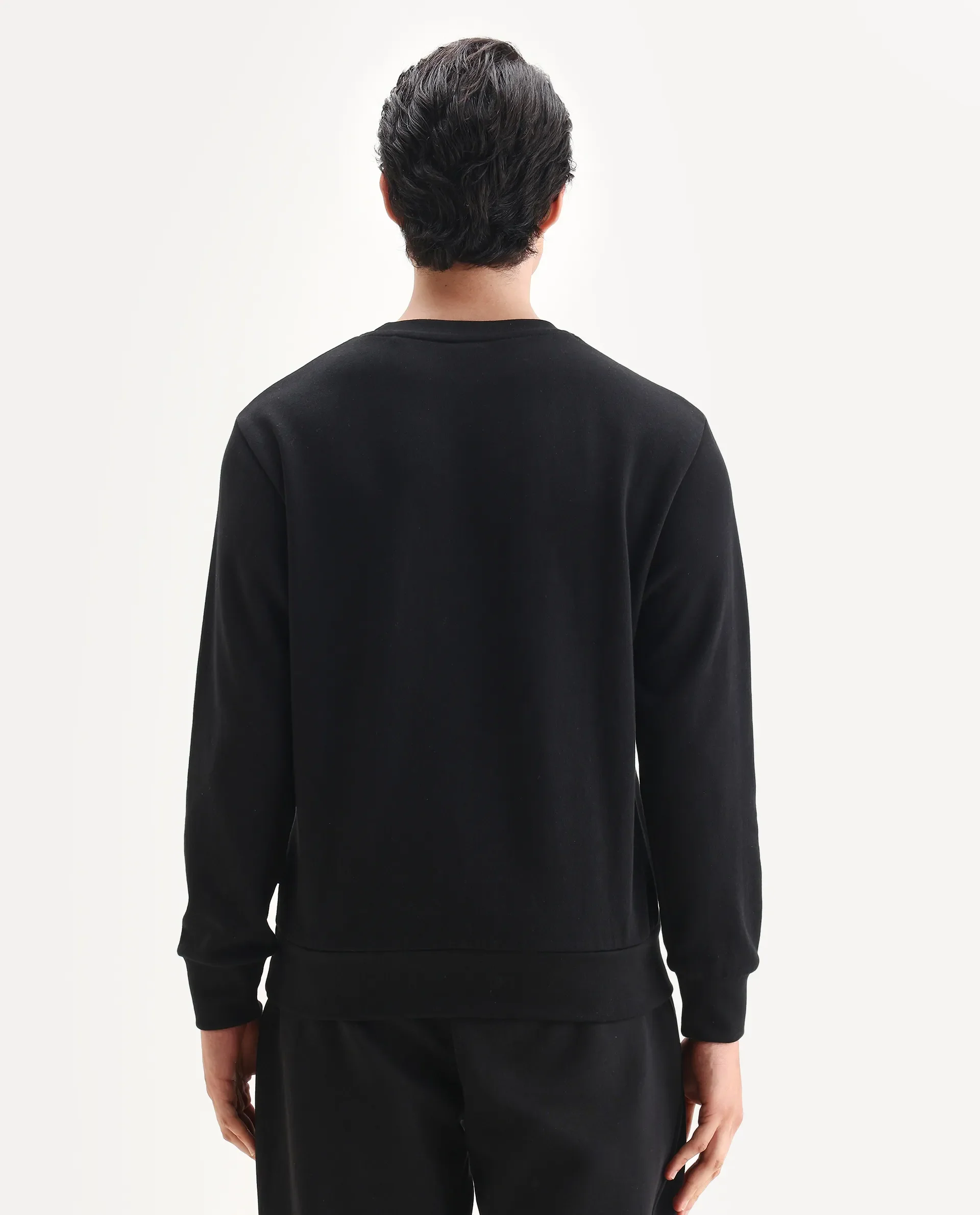 Rare Rabbit Men's Agon Black Rayon Blend Fabric Full Sleeves Crew Neck Badge Print Sweatshirt - Image 7