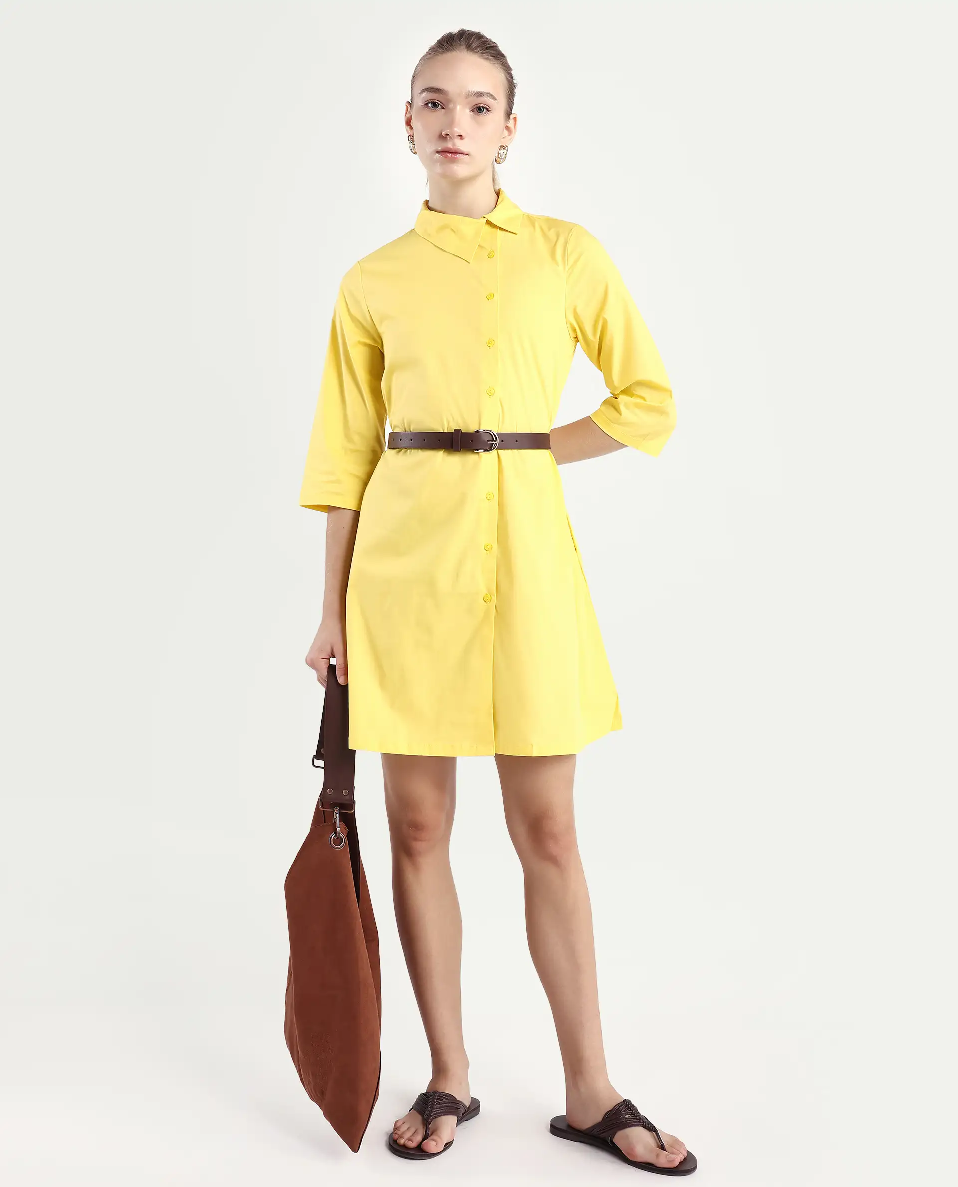 Rareism Women's Ahho Yellow Cotton Asymmetric Neck Plain Mini A-Line Dress - Image 2