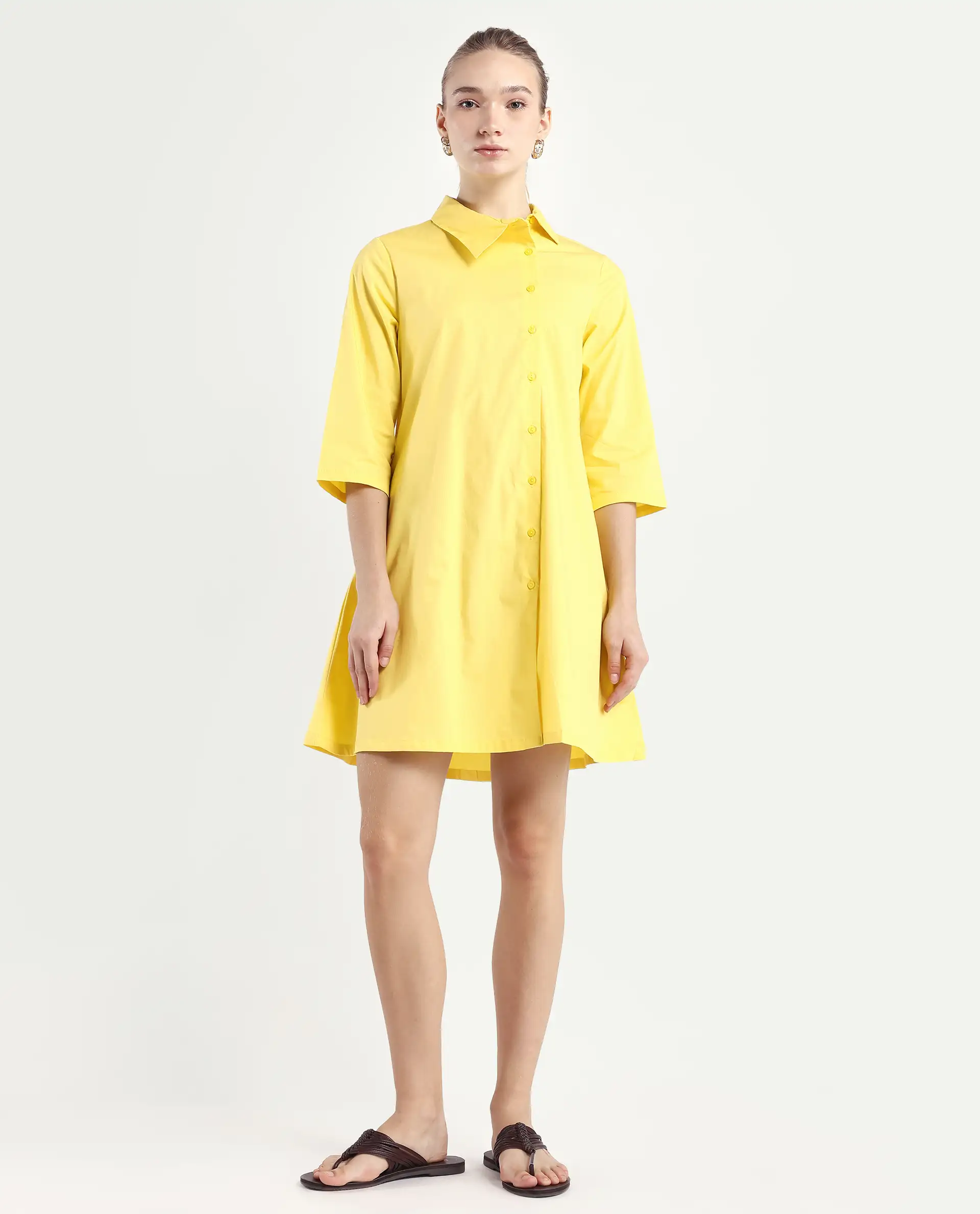 Rareism Women's Ahho Yellow Cotton Asymmetric Neck Plain Mini A-Line Dress - Image 4