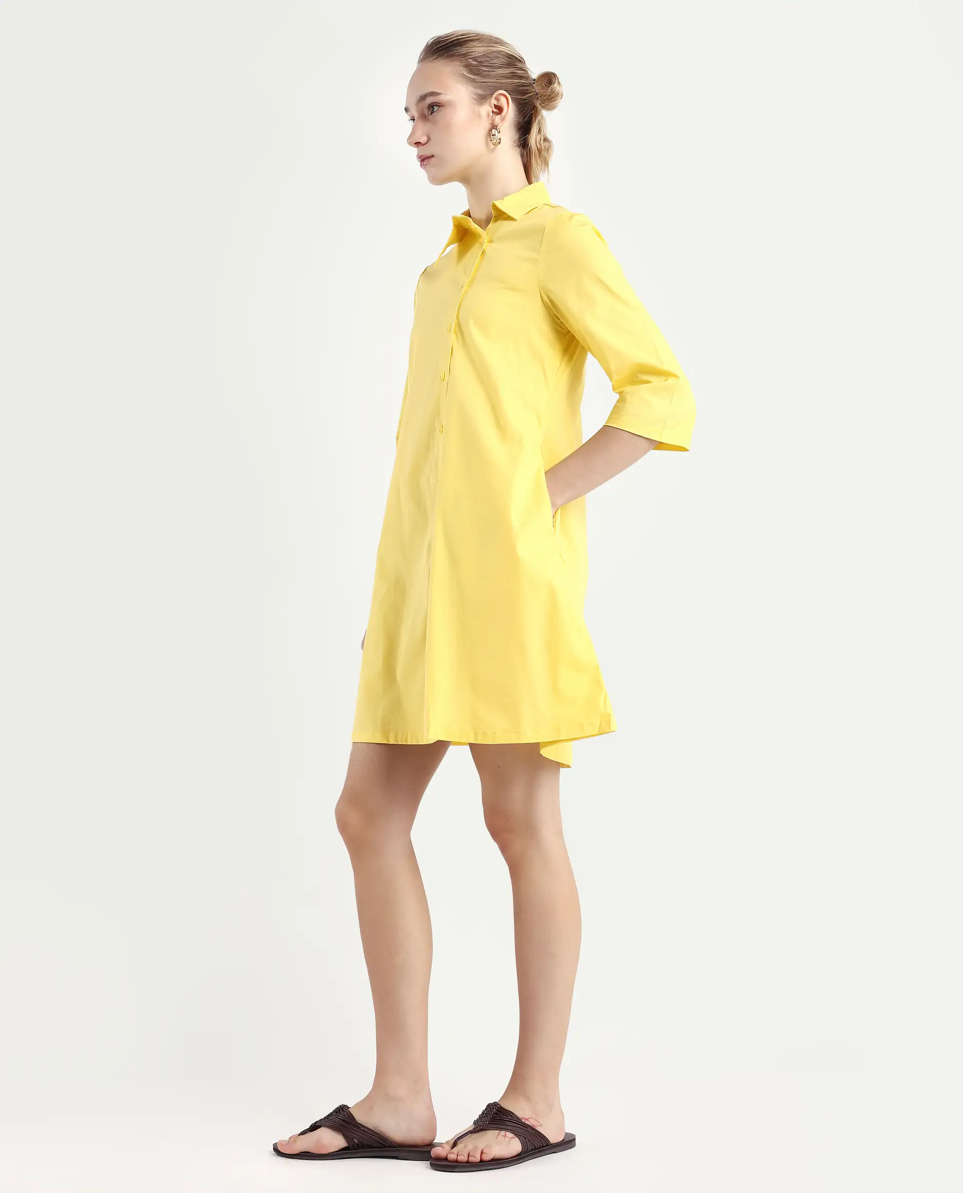 Rareism Women's Ahho Yellow Cotton Asymmetric Neck Plain Mini A-Line Dress - Image 5