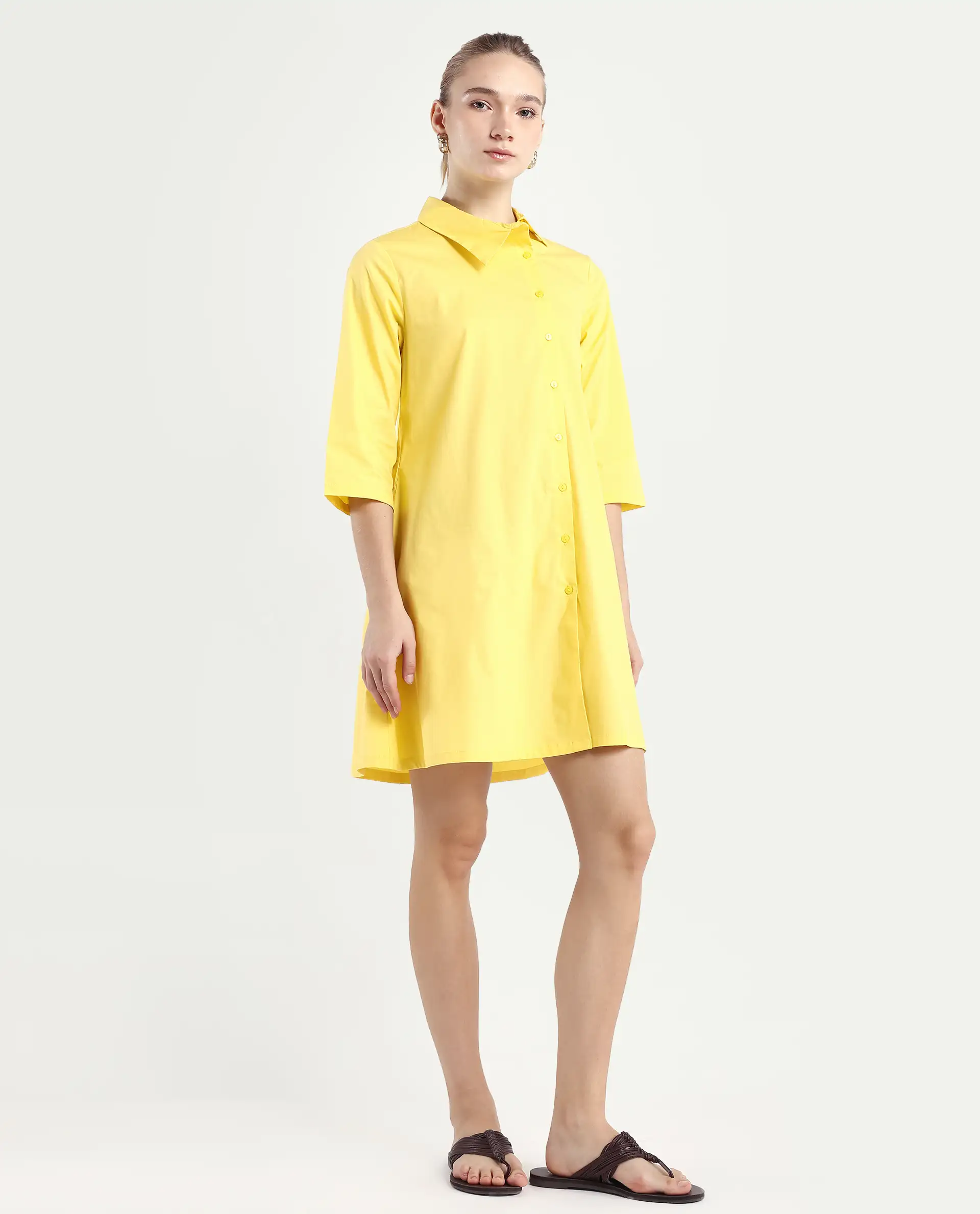 Rareism Women's Ahho Yellow Cotton Asymmetric Neck Plain Mini A-Line Dress - Image 6
