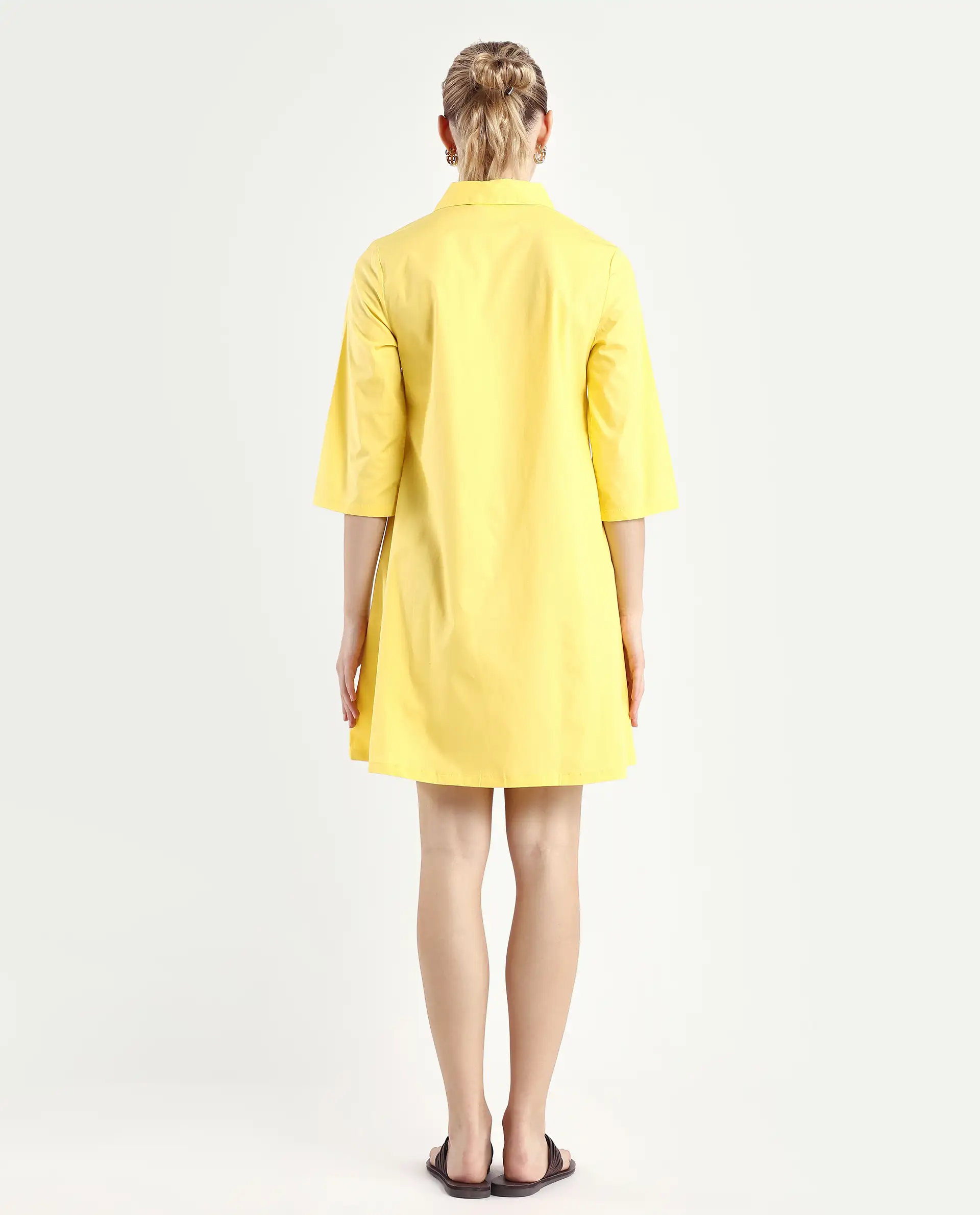 Rareism Women's Ahho Yellow Cotton Asymmetric Neck Plain Mini A-Line Dress - Image 7