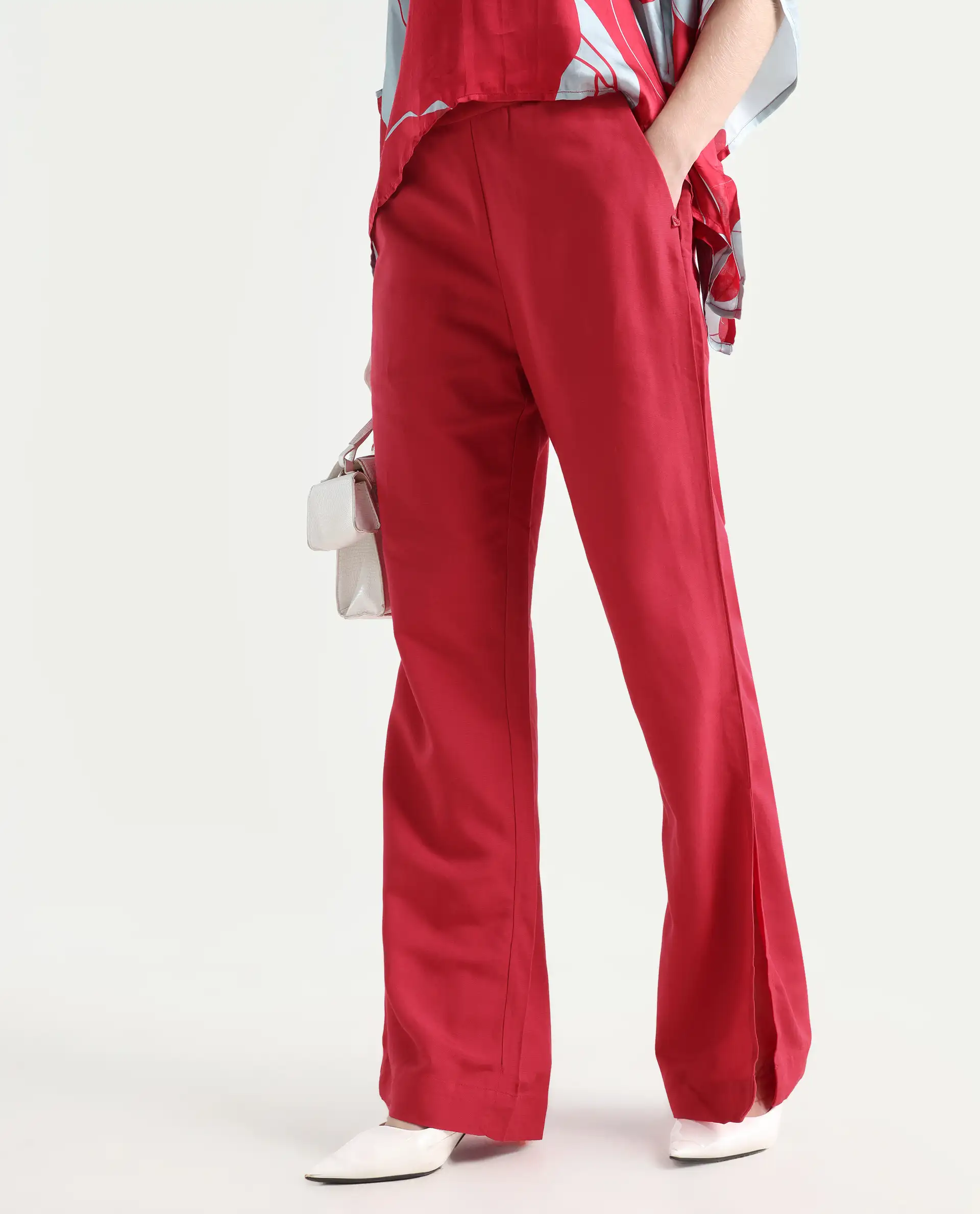 Rareism Women's Ahome Dark Red Viscose Blend Plain Ankle Length Wide Trouser - Image 3