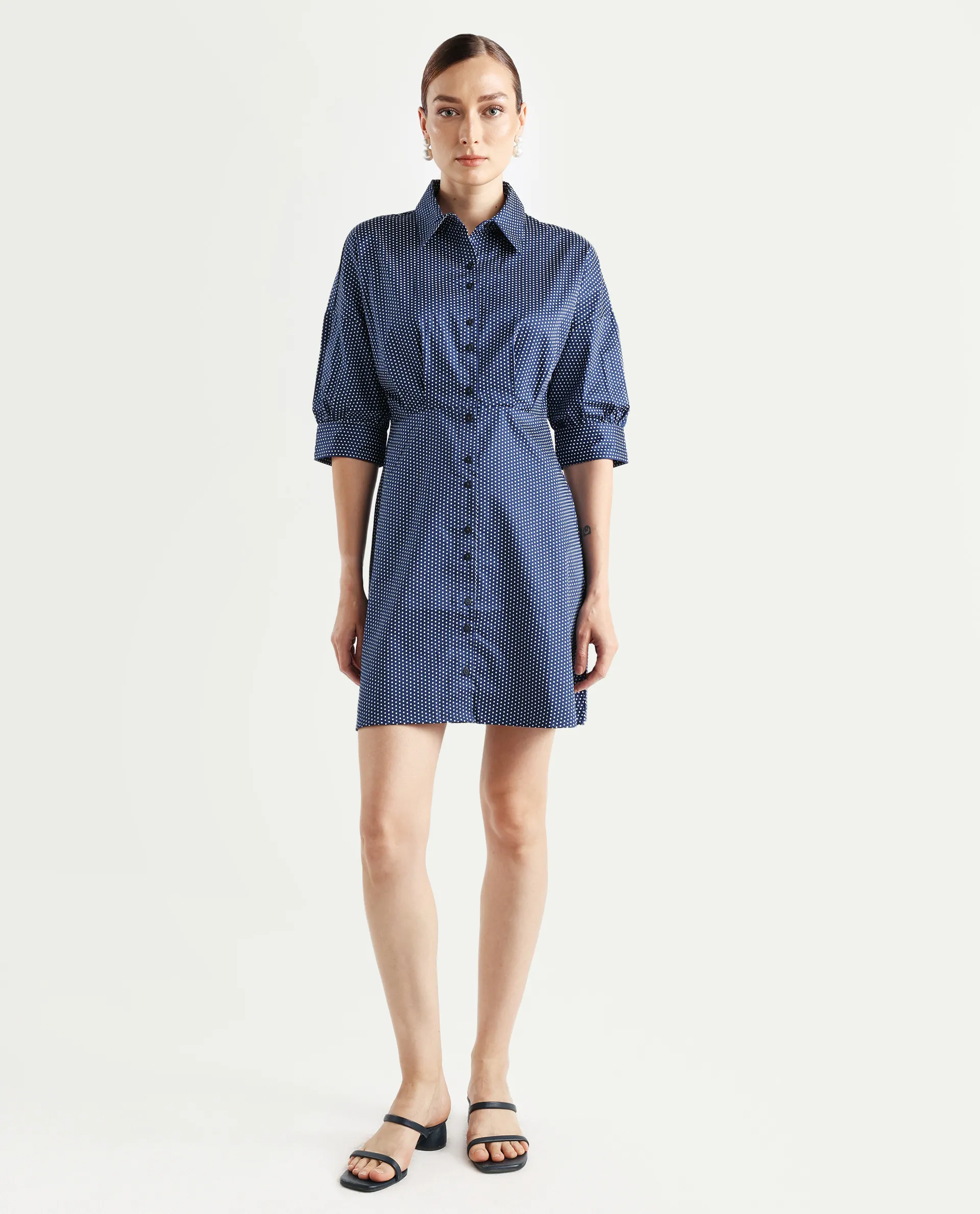 Rareism Women's Aiday Dark Drop Collar Polka Print Cuffed Sleeve Mini Regular Fit Dress - Image 2