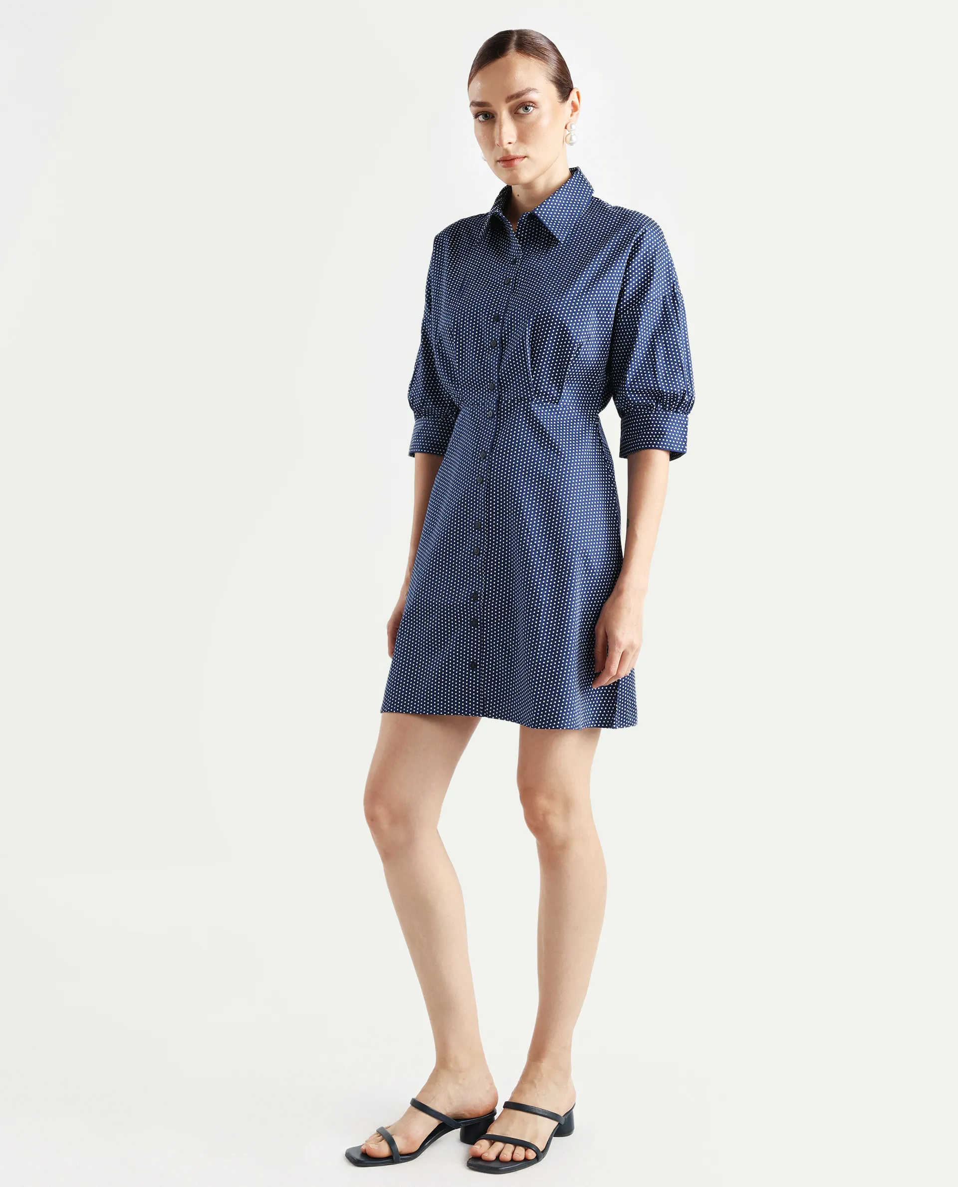 Rareism Women's Aiday Dark Drop Collar Polka Print Cuffed Sleeve Mini Regular Fit Dress - Image 3