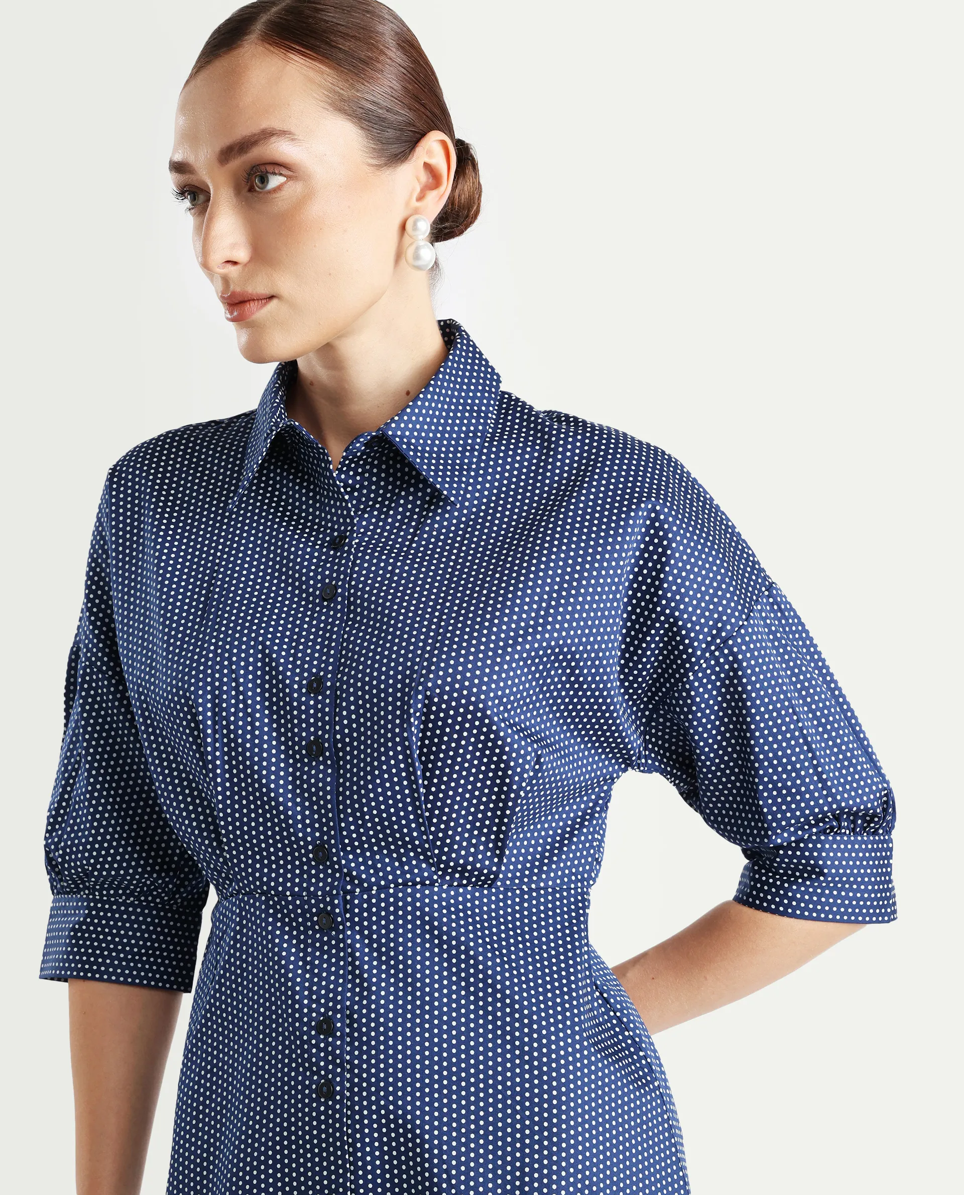 Rareism Women's Aiday Dark Drop Collar Polka Print Cuffed Sleeve Mini Regular Fit Dress - Image 4